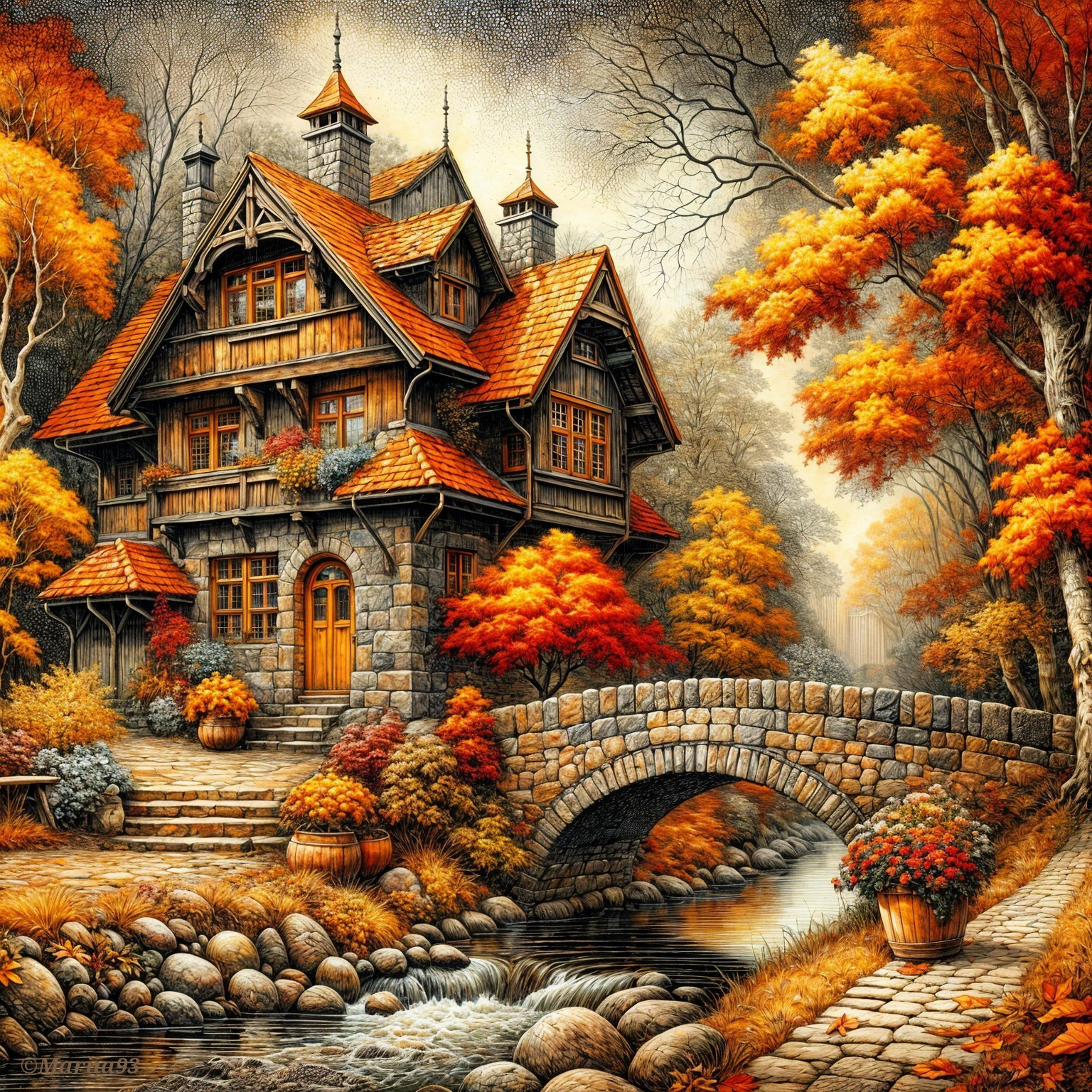 Rustic wooden and stone house in autumn landscape
