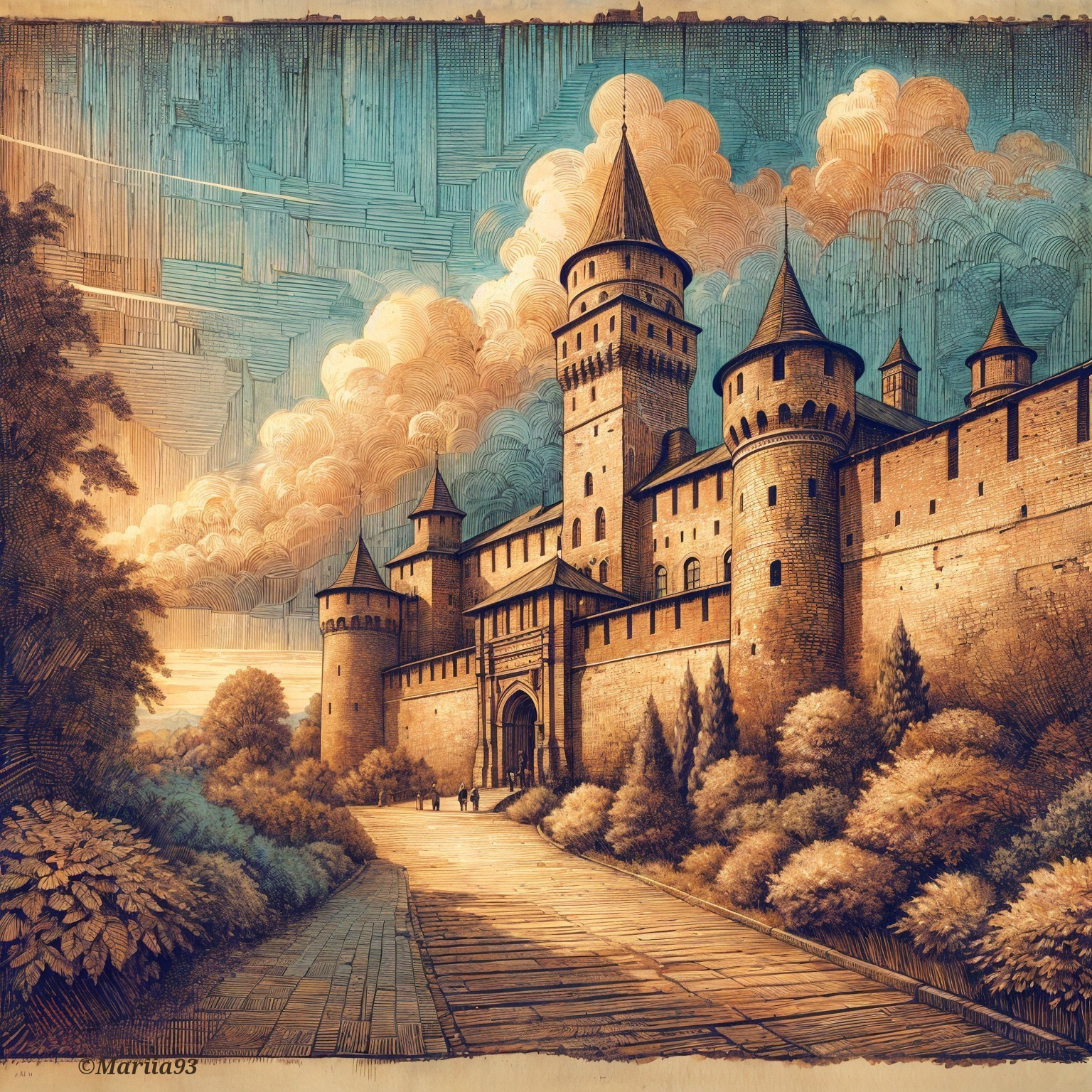 Majestic castle with towers and vibrant clouds