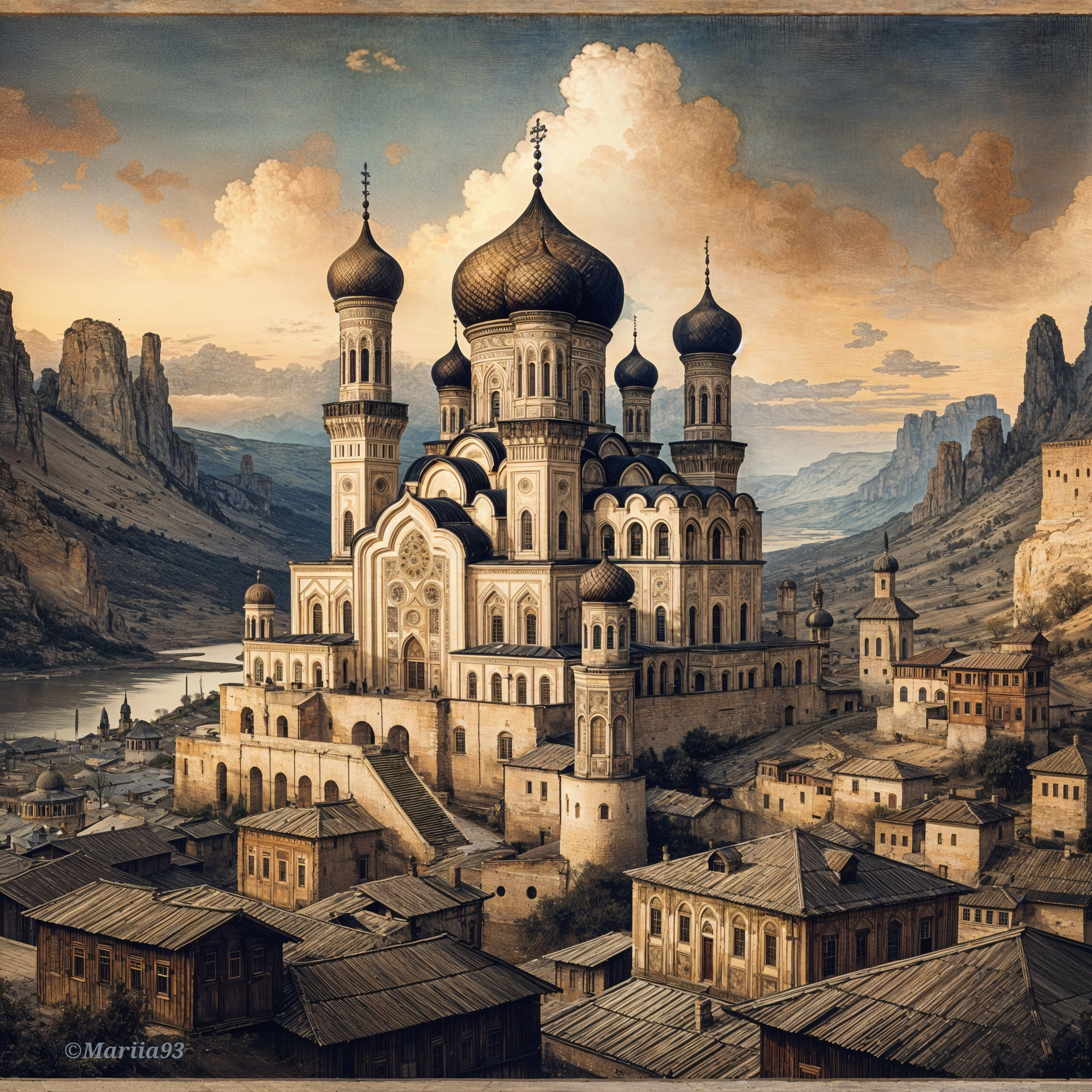 Majestic Building with Ornate Domes in Mountain Village