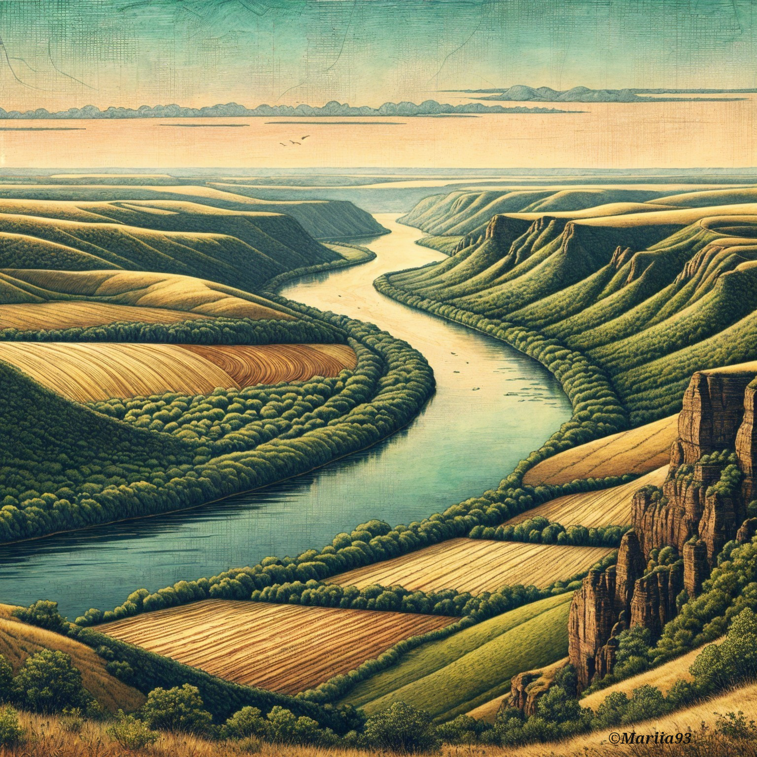 Serene landscape with winding river and lush valleys