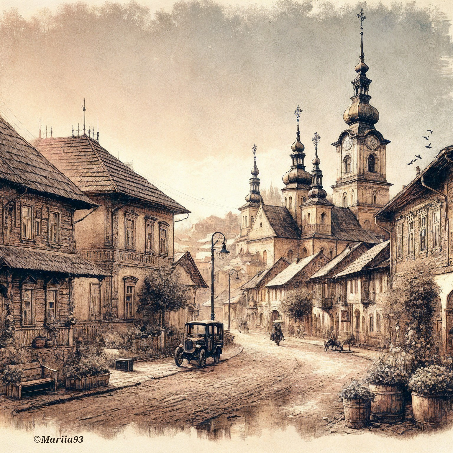 Vintage village scene with wooden houses and sunrise