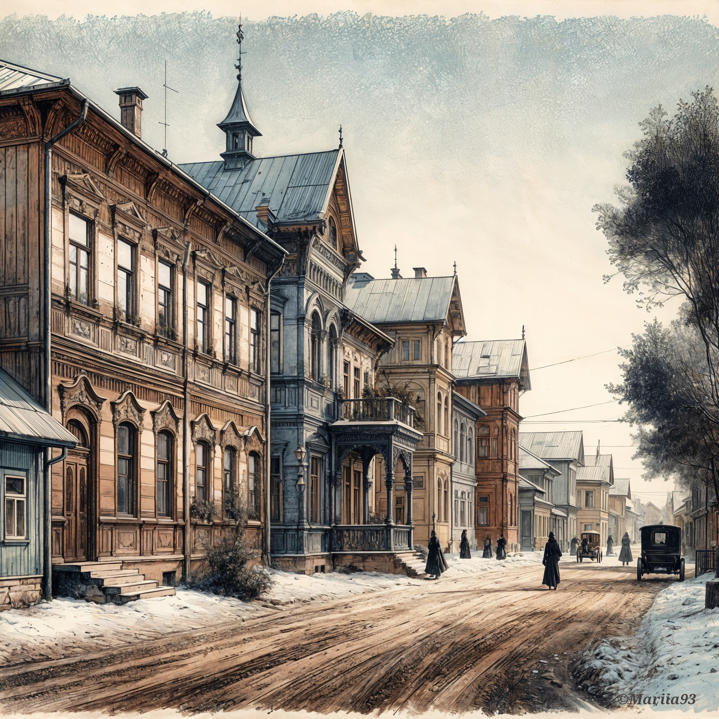 Historic Winter Street Scene with Wooden Buildings
