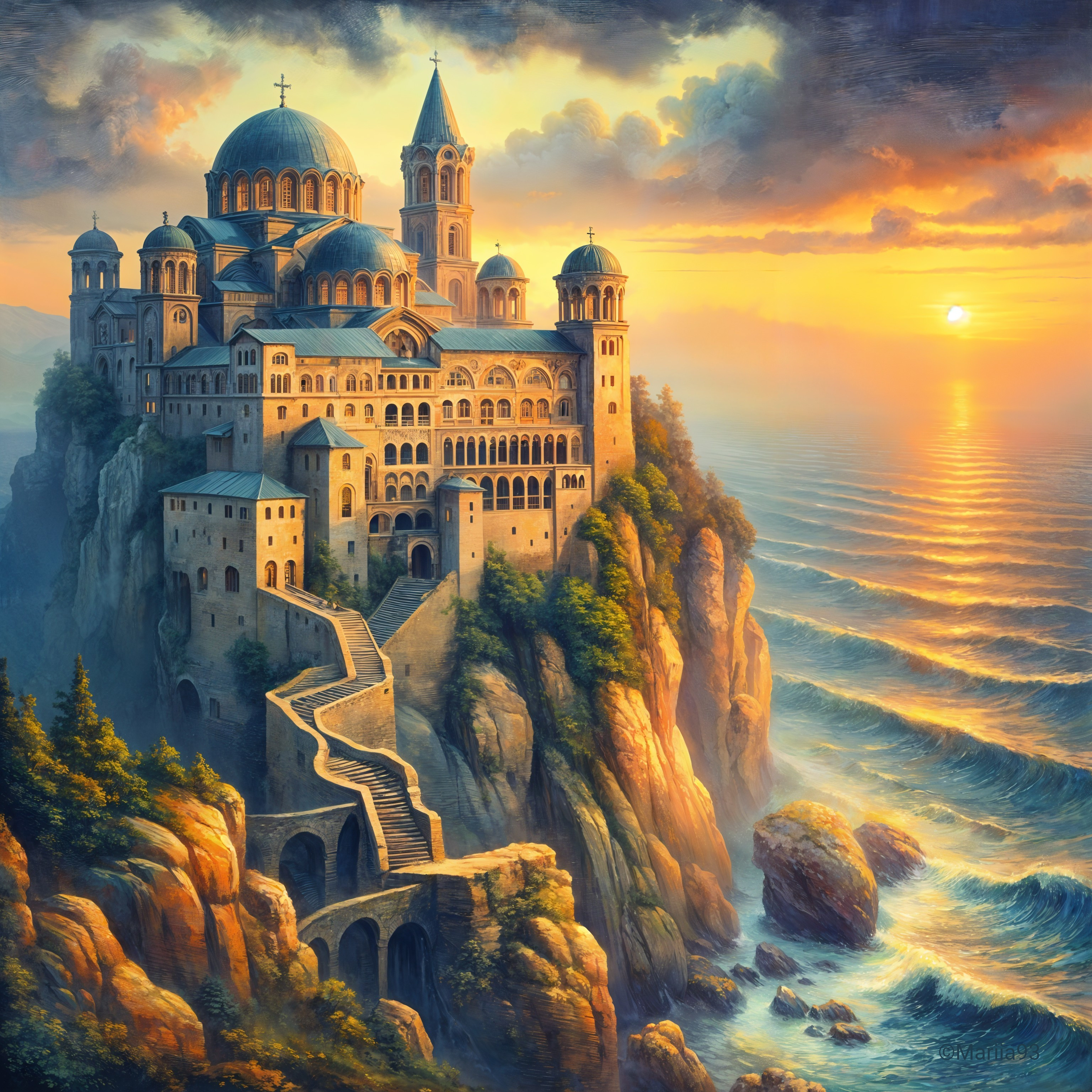 Cliffside Monastery Overlooking Sunset Sea View