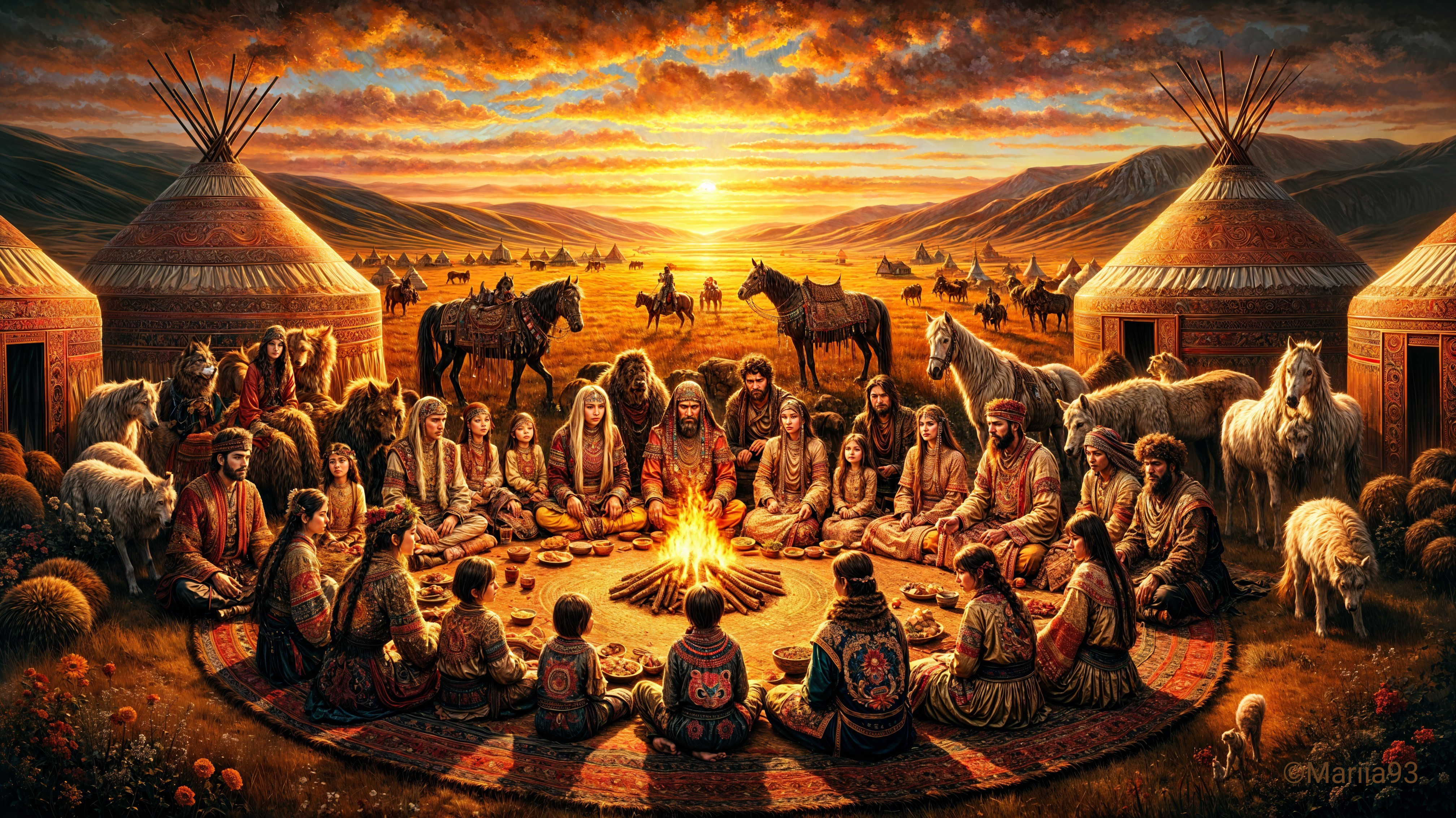 Gathering Around a Fire at Sunset with Mountains