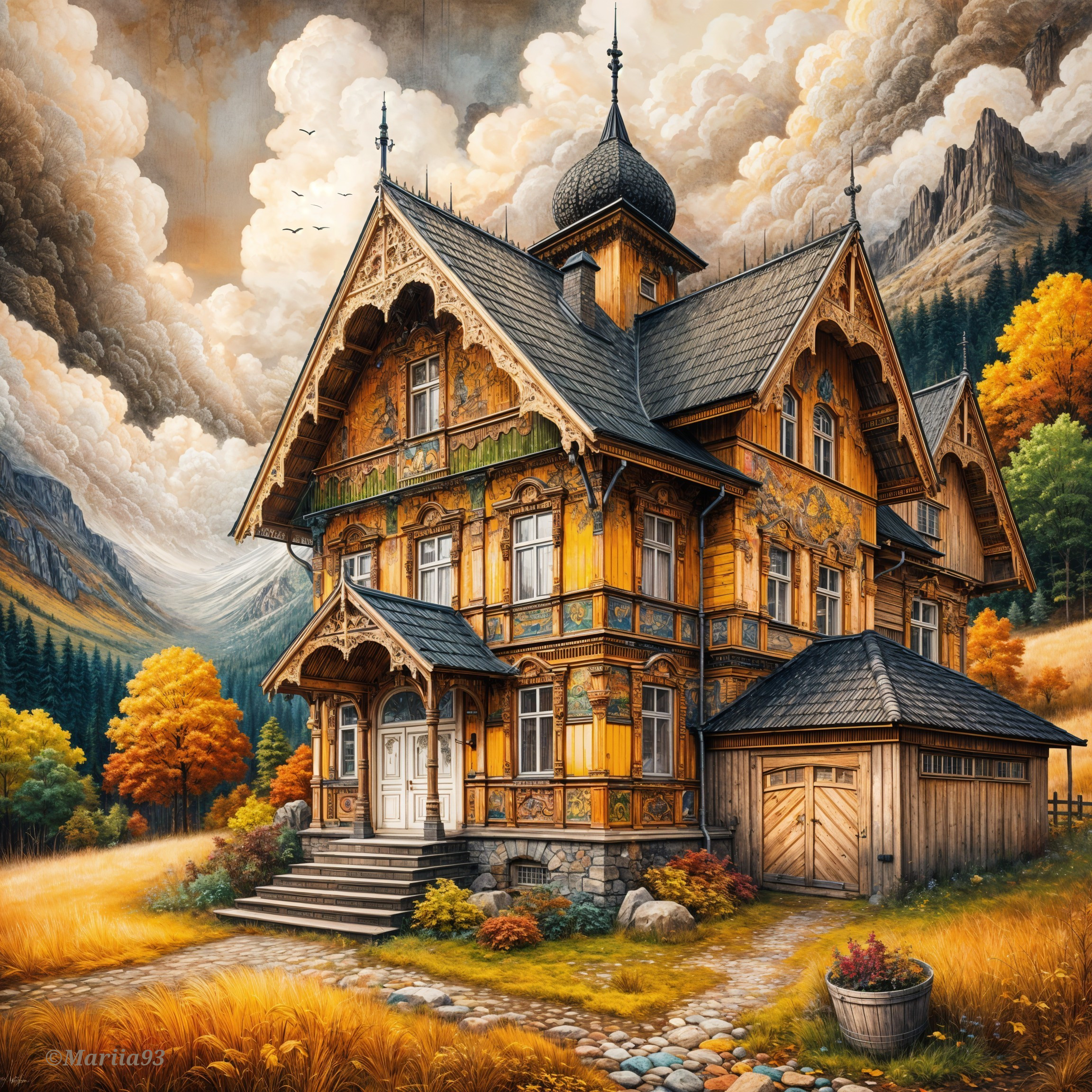Wooden House in Vibrant Autumn Landscape with Mountains