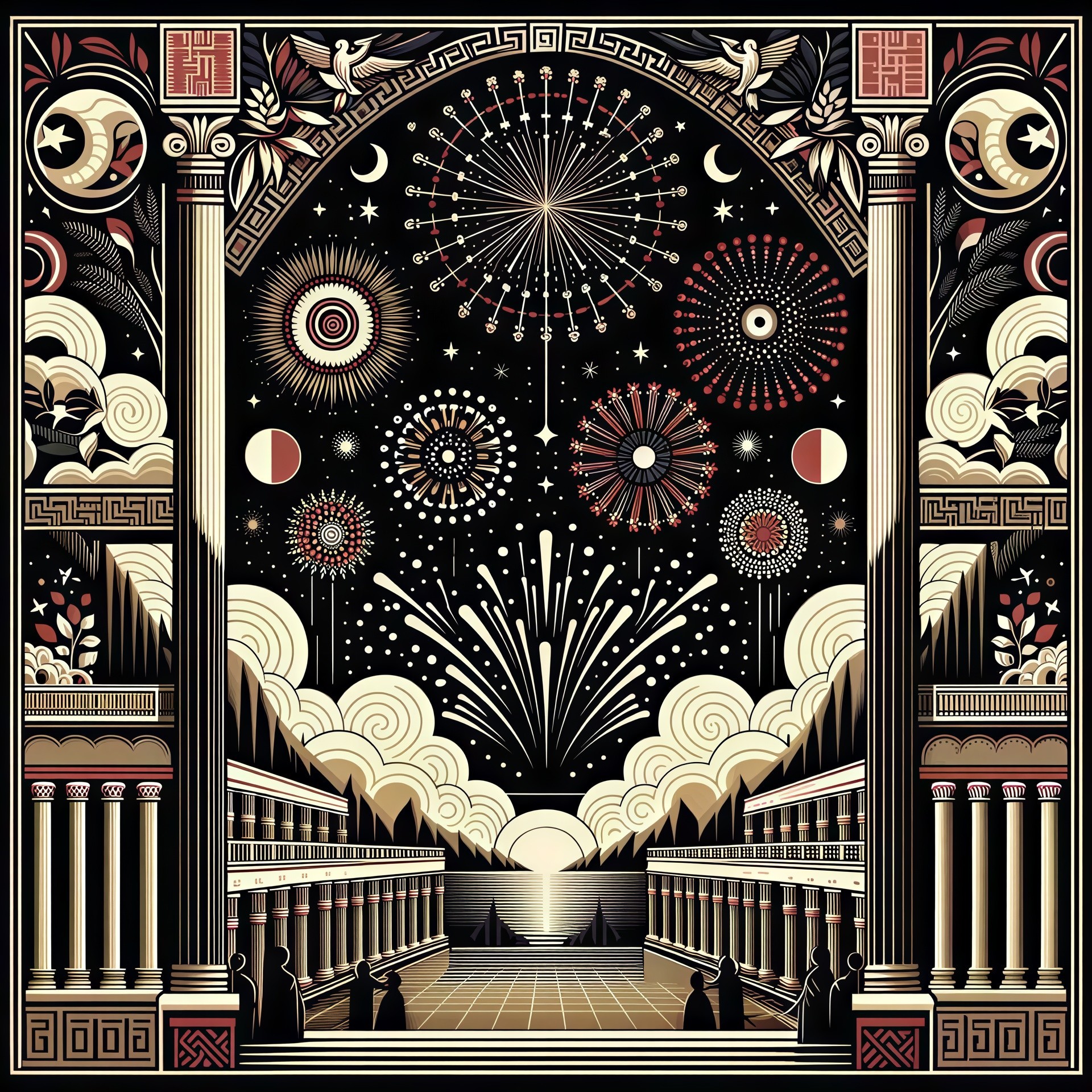 Art Nouveau Woodcut of Fireworks Over Cityscape