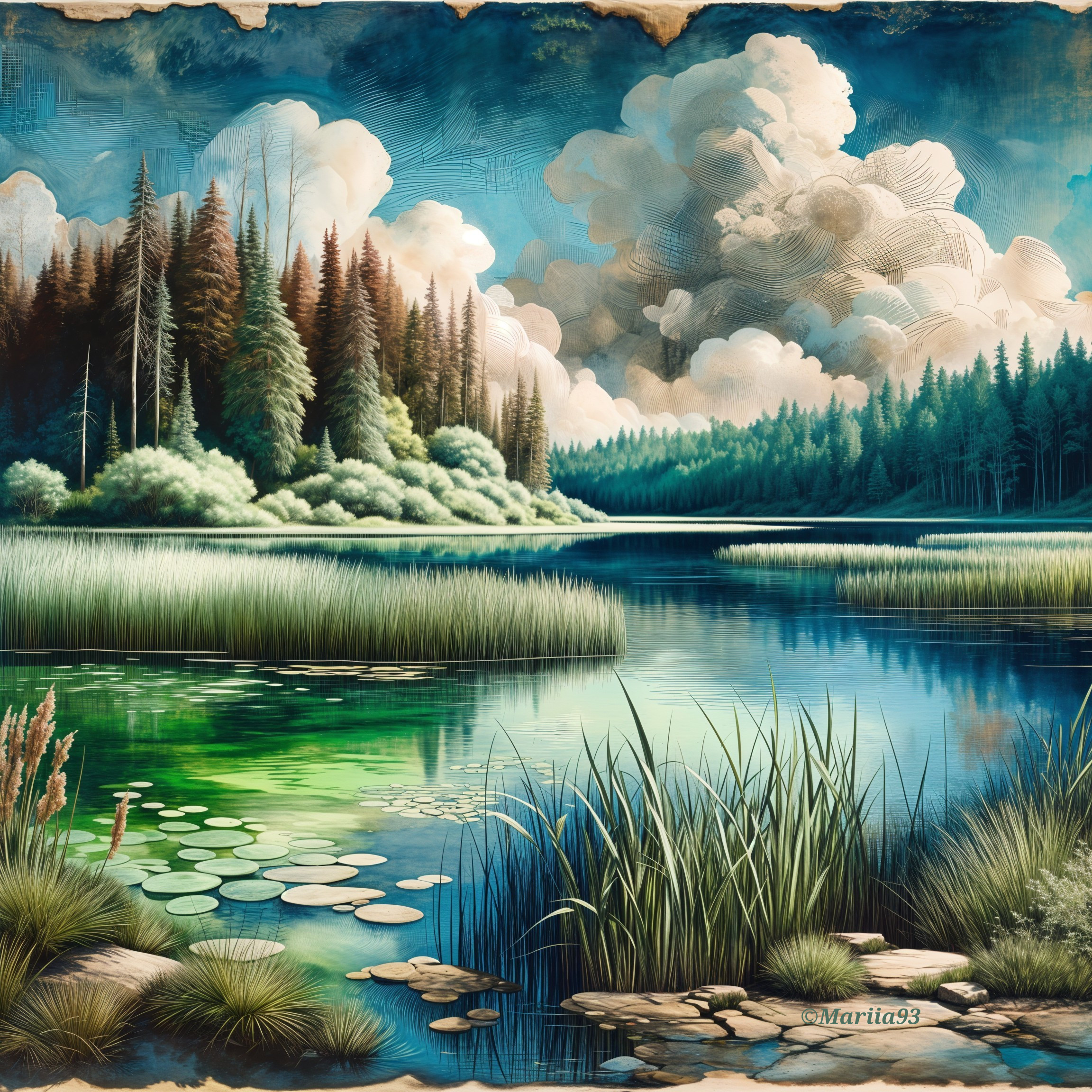 Tranquil Lake Surrounded by Lush Greenery and Pines