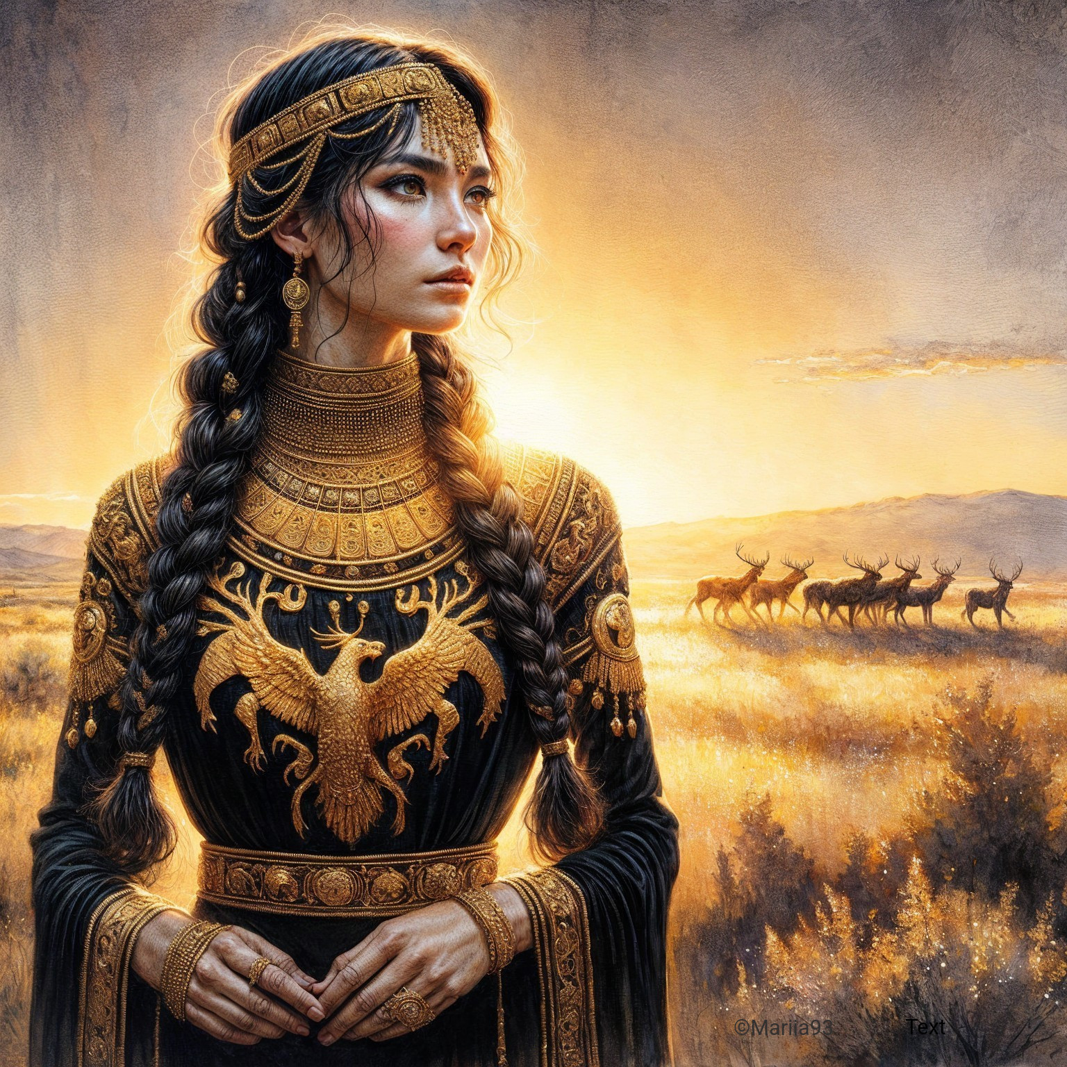 Regal Woman in Golden Gown Against Sunrise with Deer