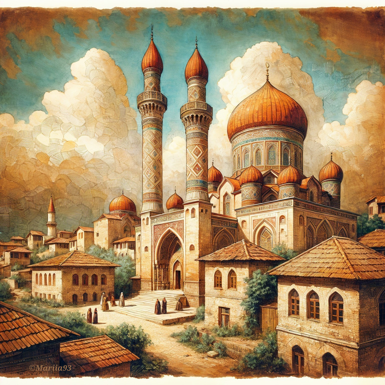 Ornate mosque in a serene landscape with traditional buildings