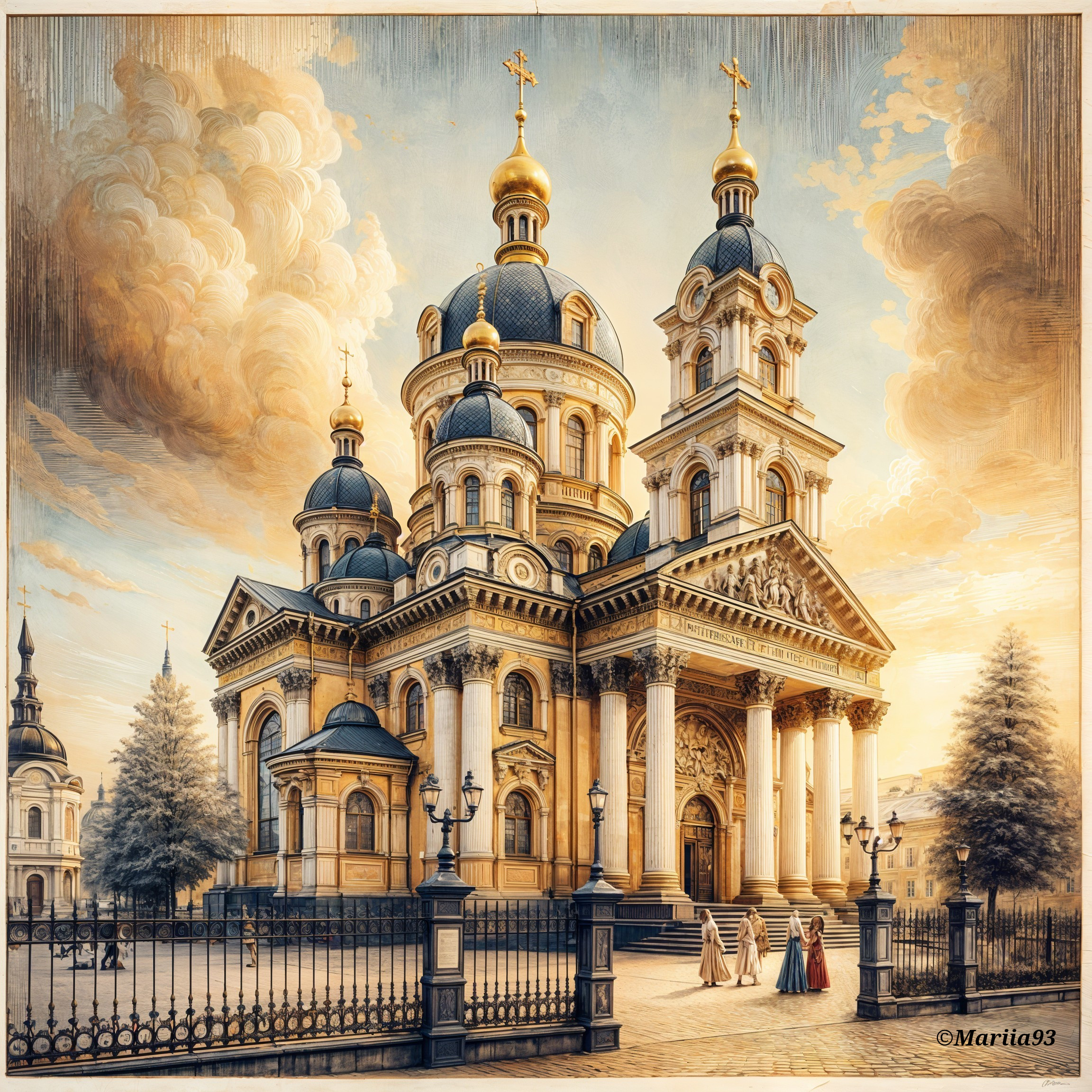Majestic Cathedral with Golden Domes and Lush Surroundings