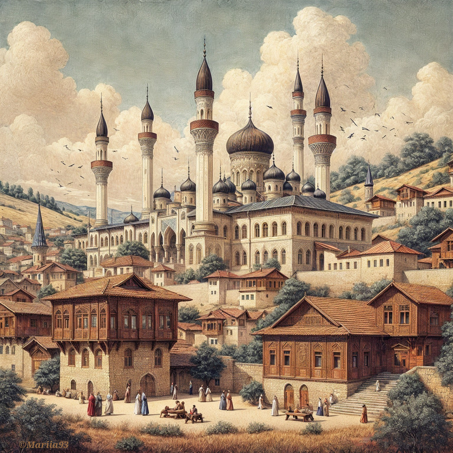 Ornate Palace Landscape with Traditional Village Scene
