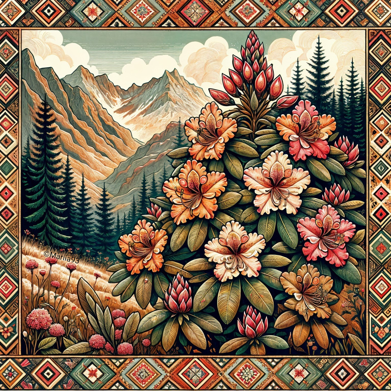 Vibrant Flower Cluster with Mountains and Geometric Patterns