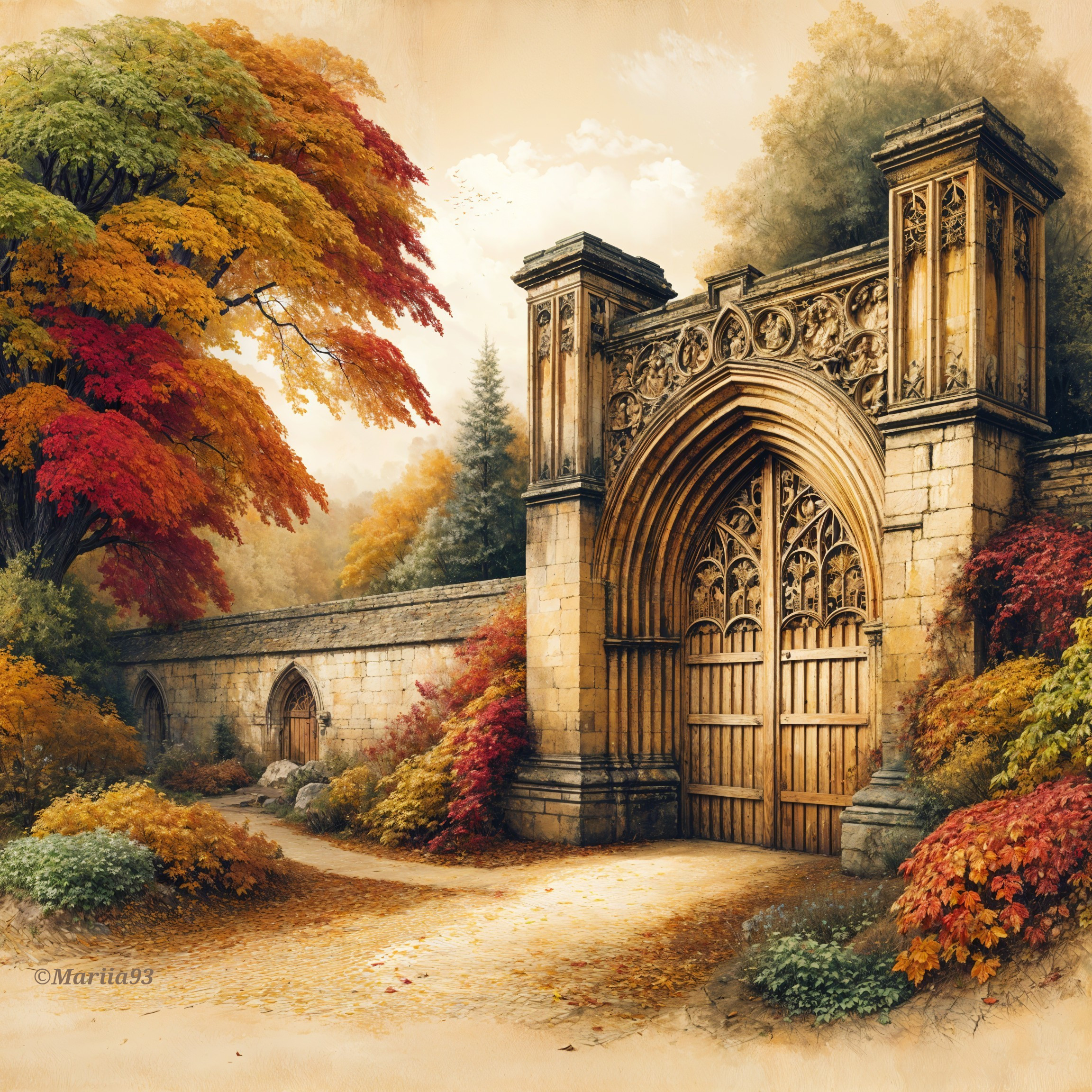 Majestic Stone Gateway Surrounded by Autumn Foliage