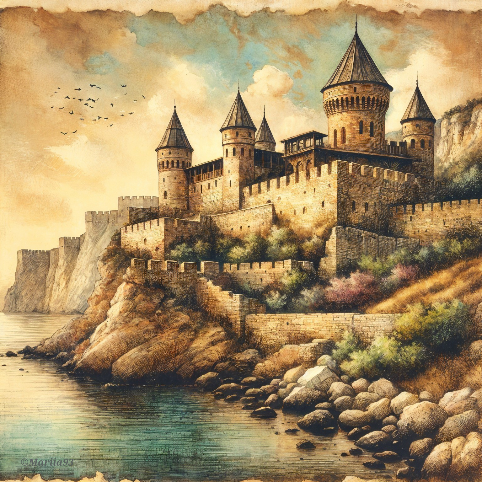 Majestic castle on a cliff with serene water view