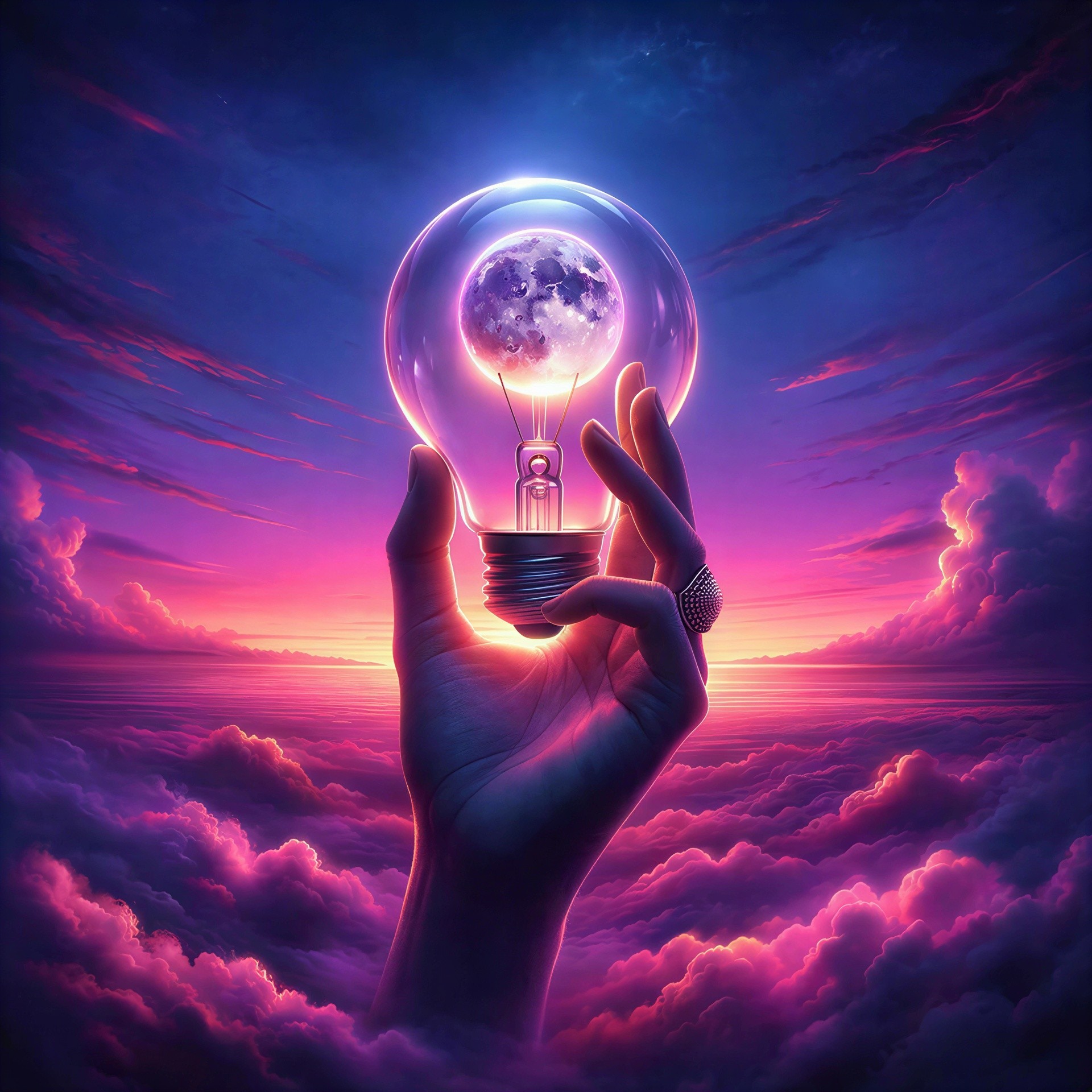 Hand Holding Lightbulb with Moon Above Colorful Clouds