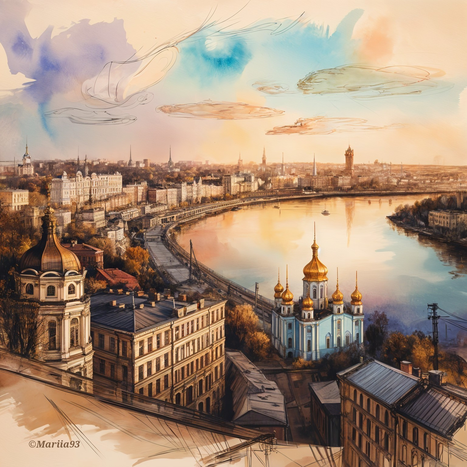 Sunset Over City River with Ornate Buildings and Sky