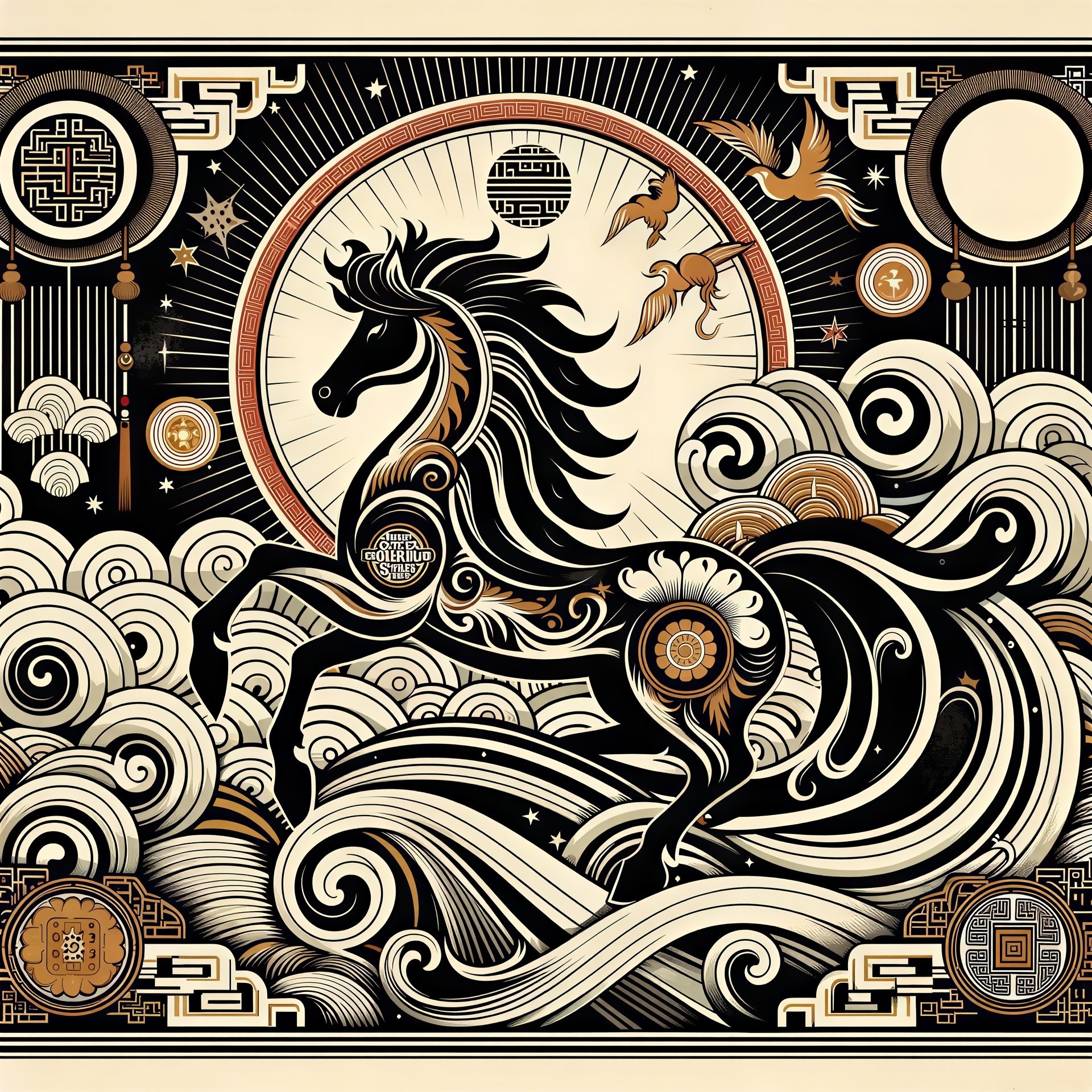 Chinese-Inspired Digital Illustration of a Galloping Horse