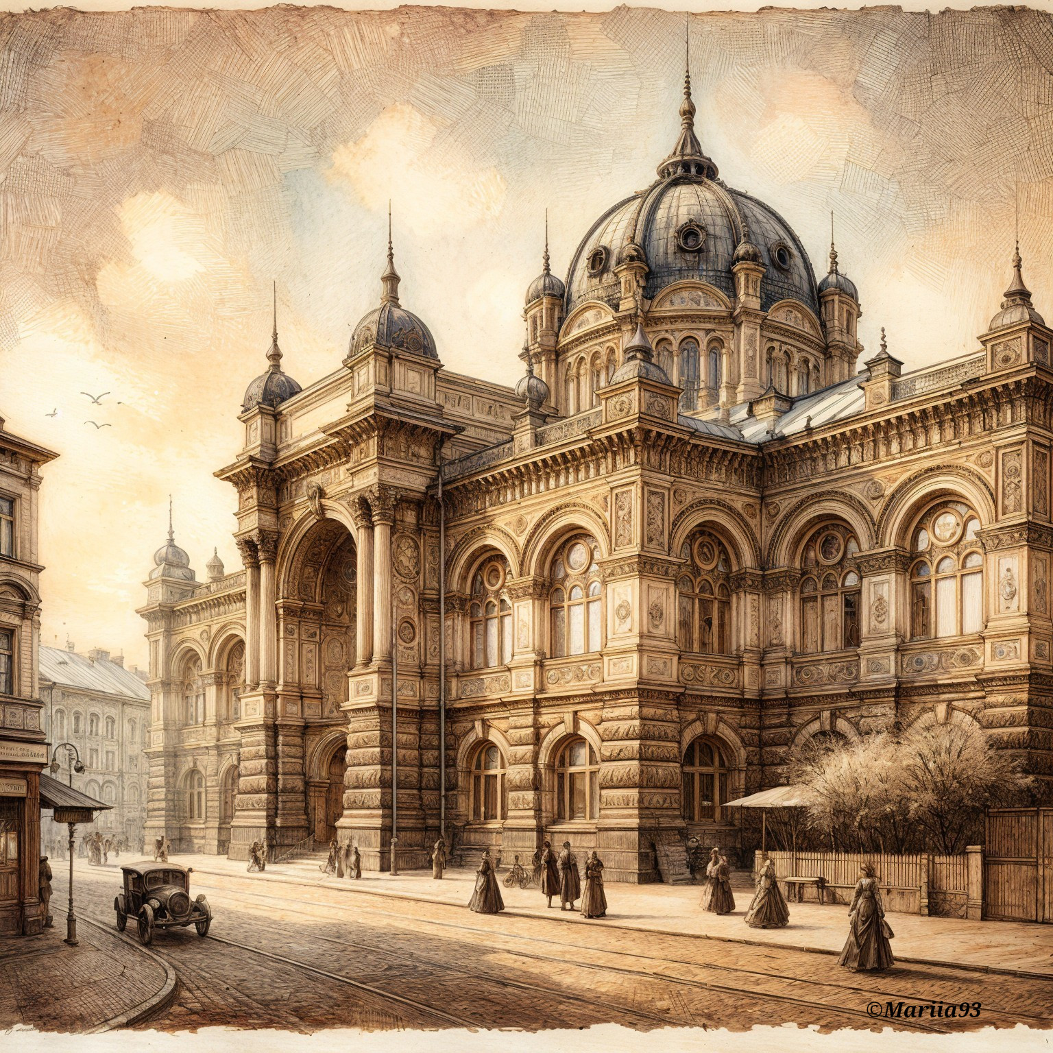 Grand architectural building with vintage scene details