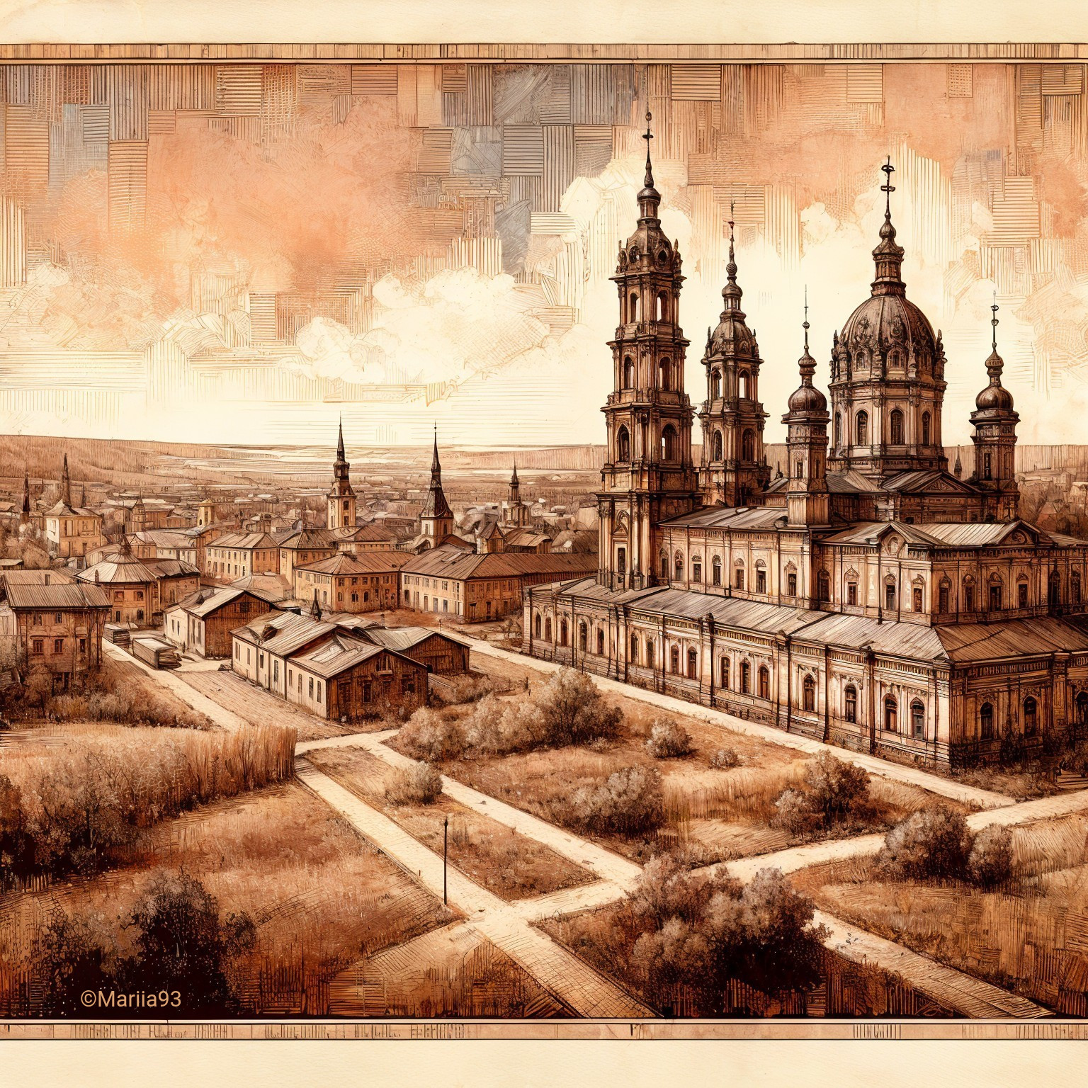 Scenic Town View with Ornate Church and Lush Greenery