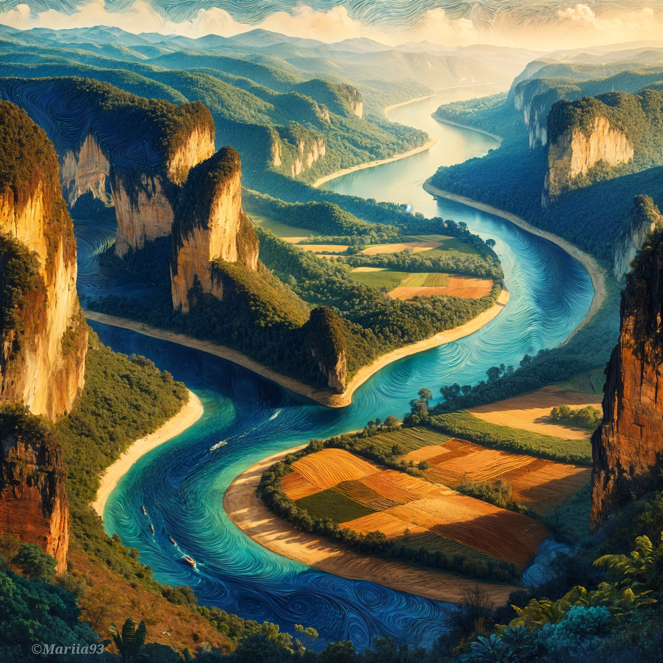 Winding River in Lush Green Valley Landscape