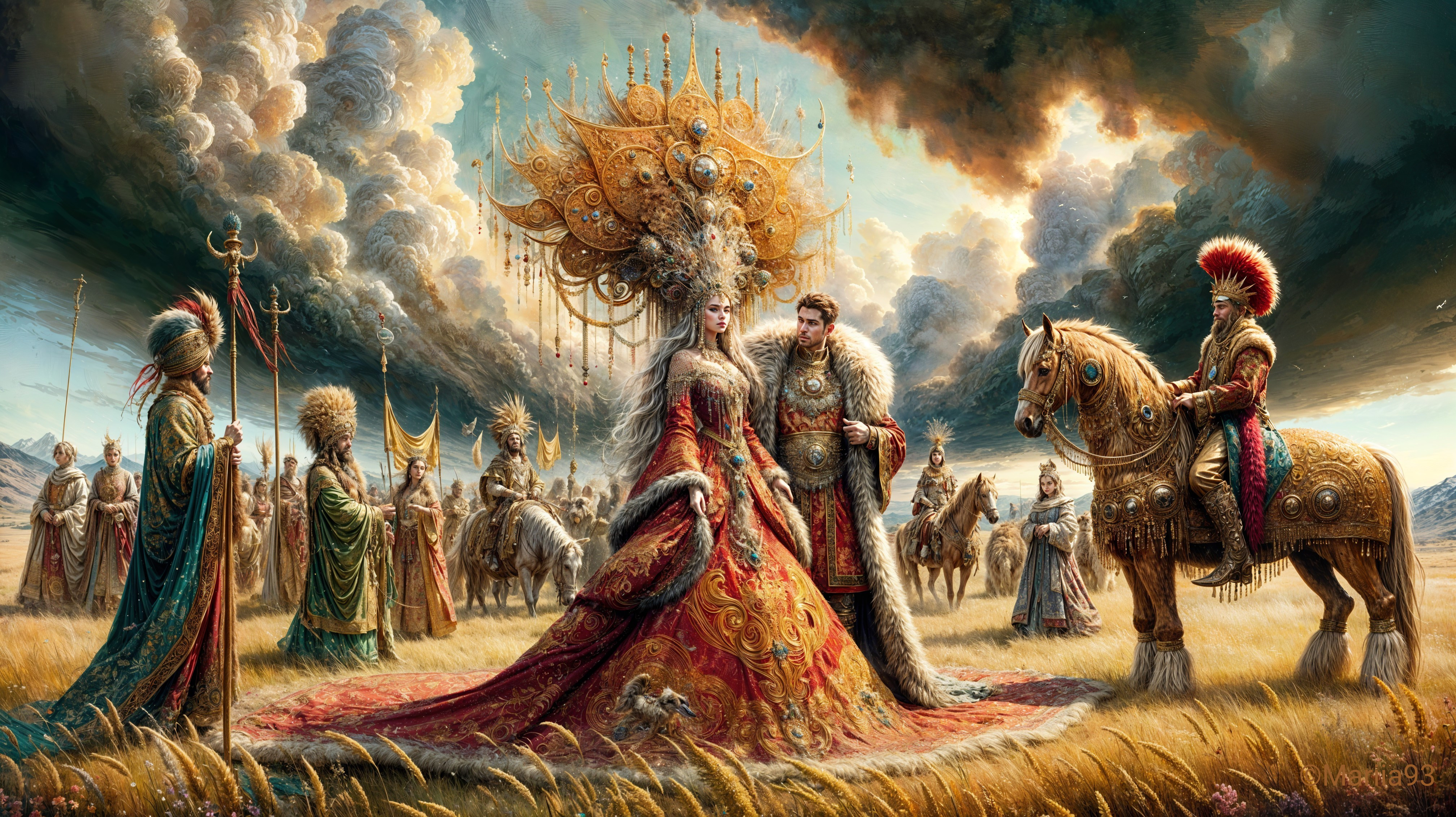 Regal Couple in Elaborate Attire Amidst Dramatic Landscape