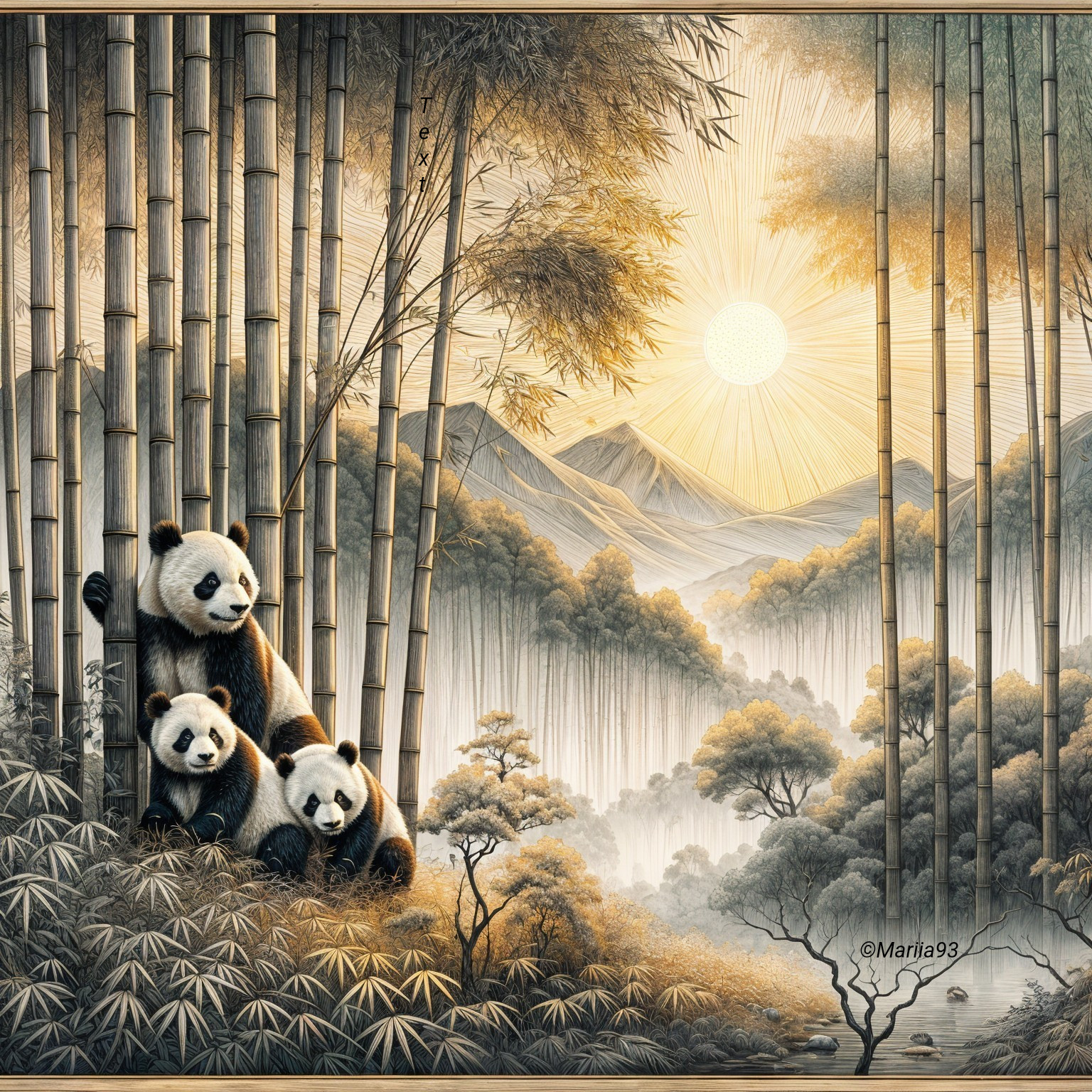 Pandas in a Tranquil Bamboo Landscape at Sunrise