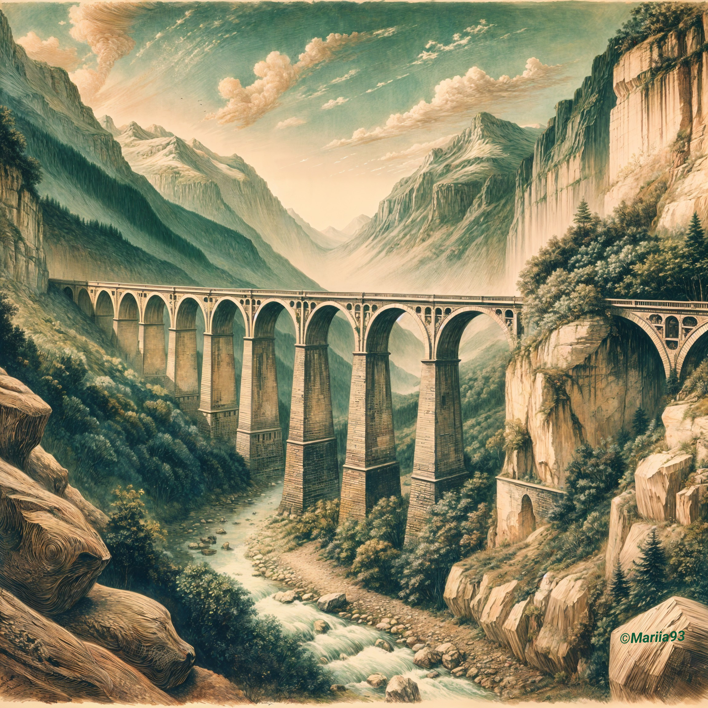 Majestic viaduct over a valley with mountains and river