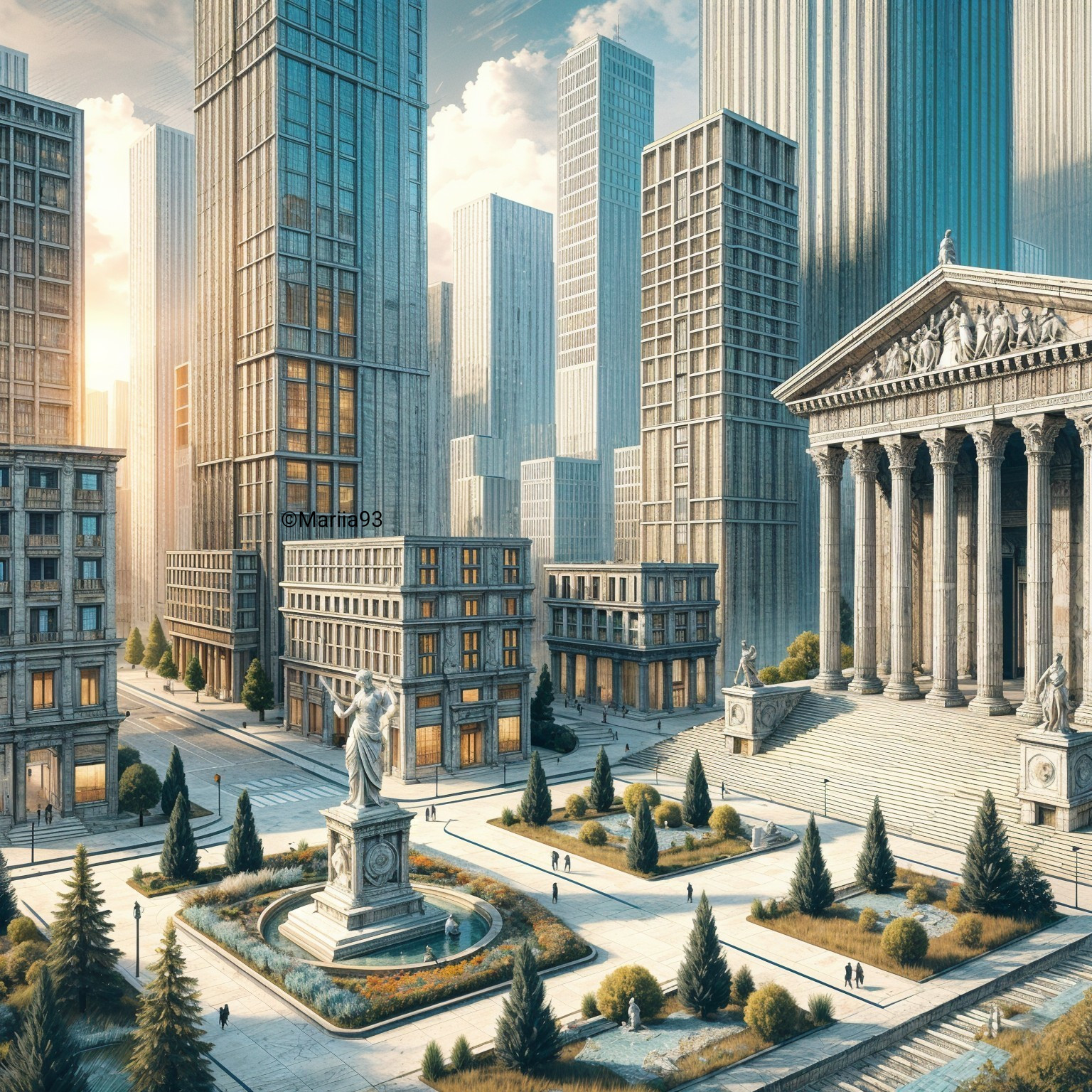 Modern Cityscape with Skyscrapers and Classical Architecture