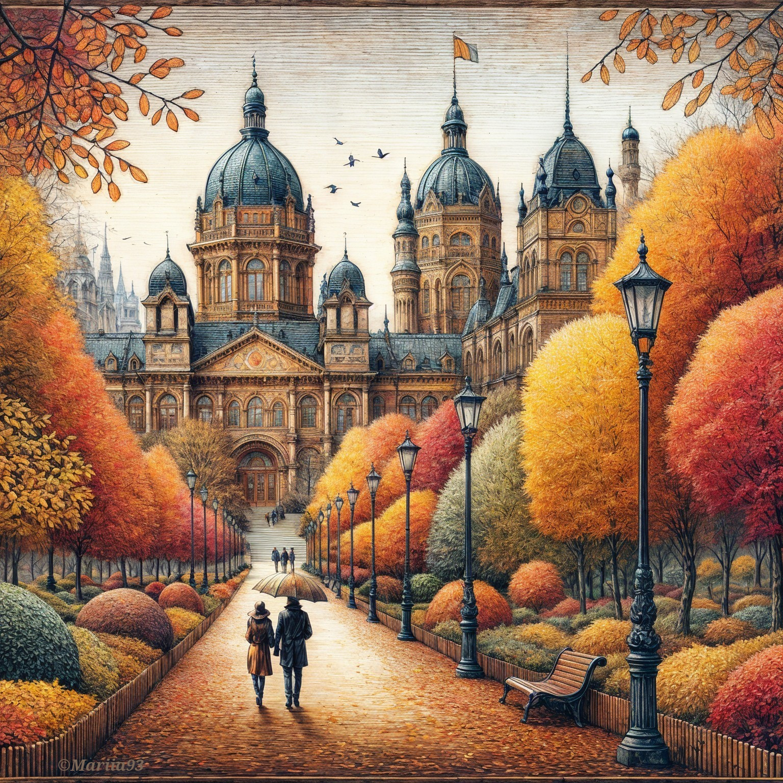 Autumn Park Scene with Foliage and Grand Architecture