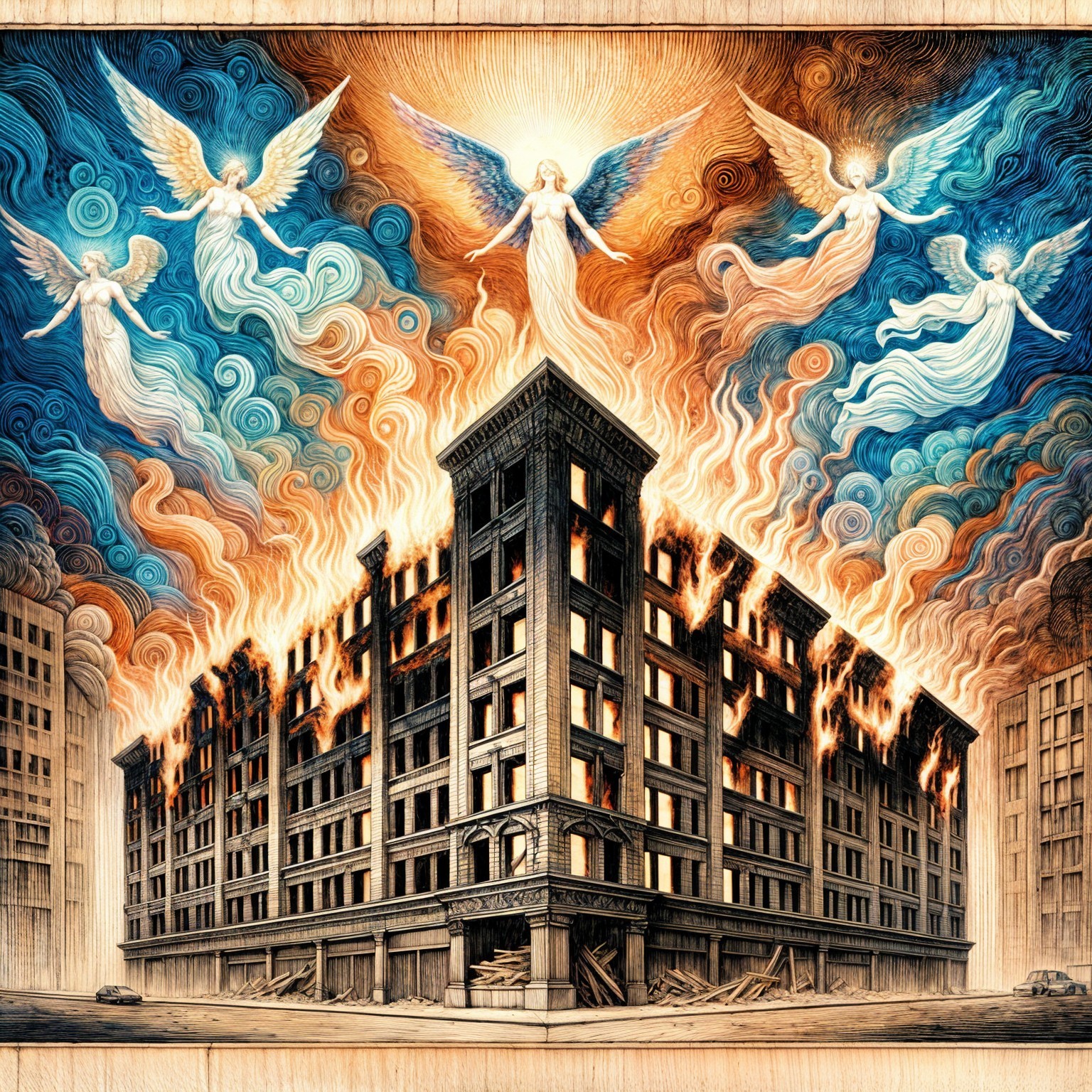 Burning Building with Angels and Dramatic Sky