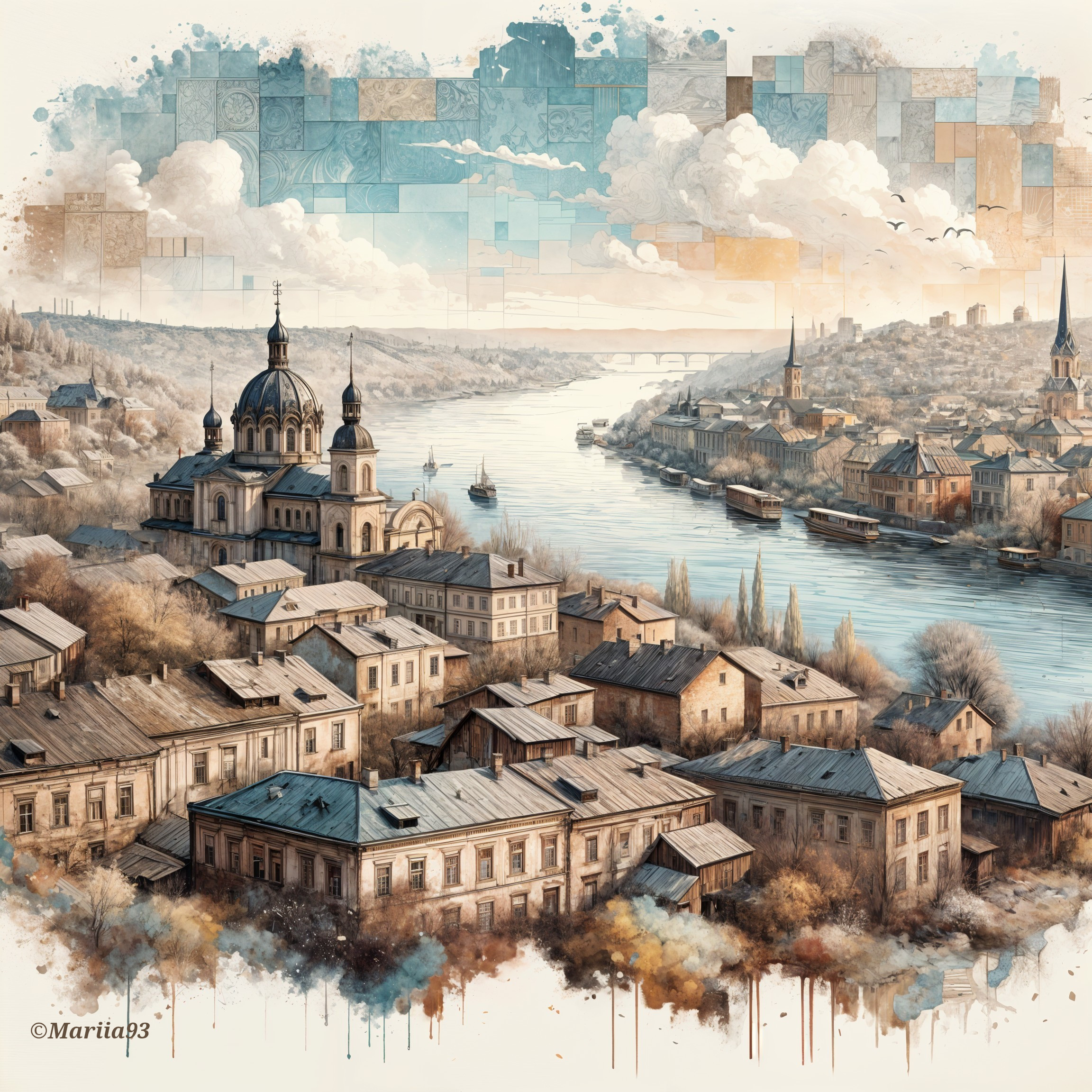 Serene City Landscape by Winding River and Skyline