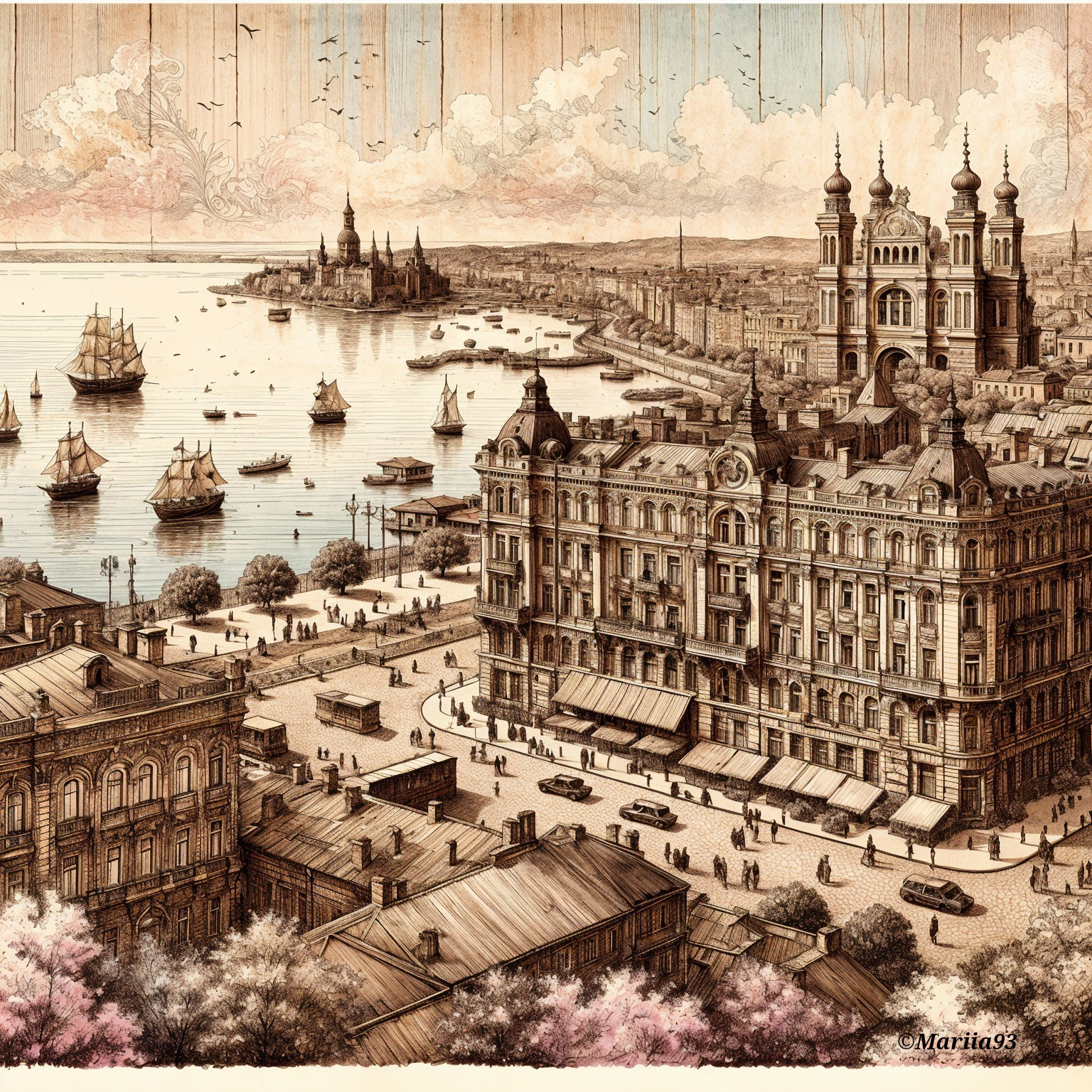 Coastal Cityscape with Historic Architecture and Harbor
