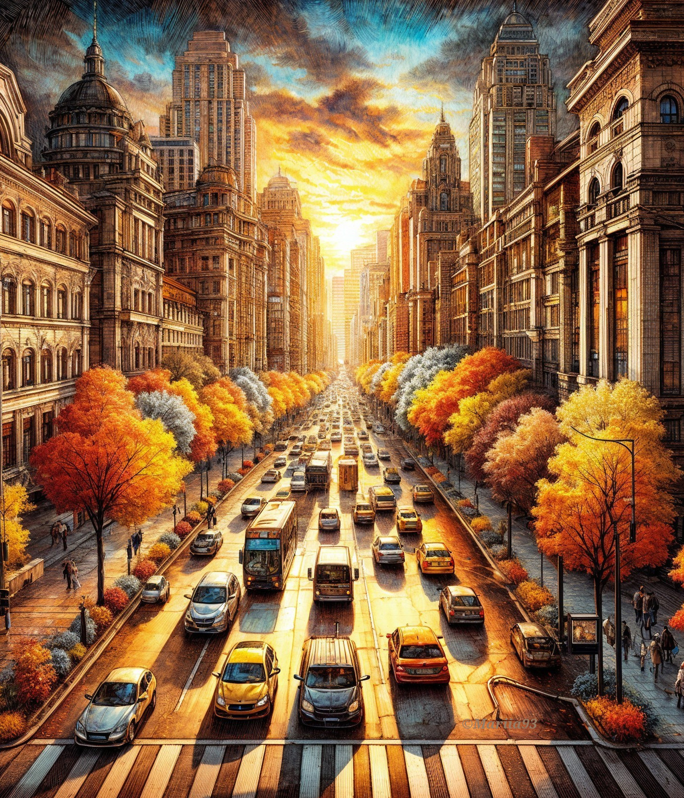 Vibrant cityscape with bustling streets at sunset