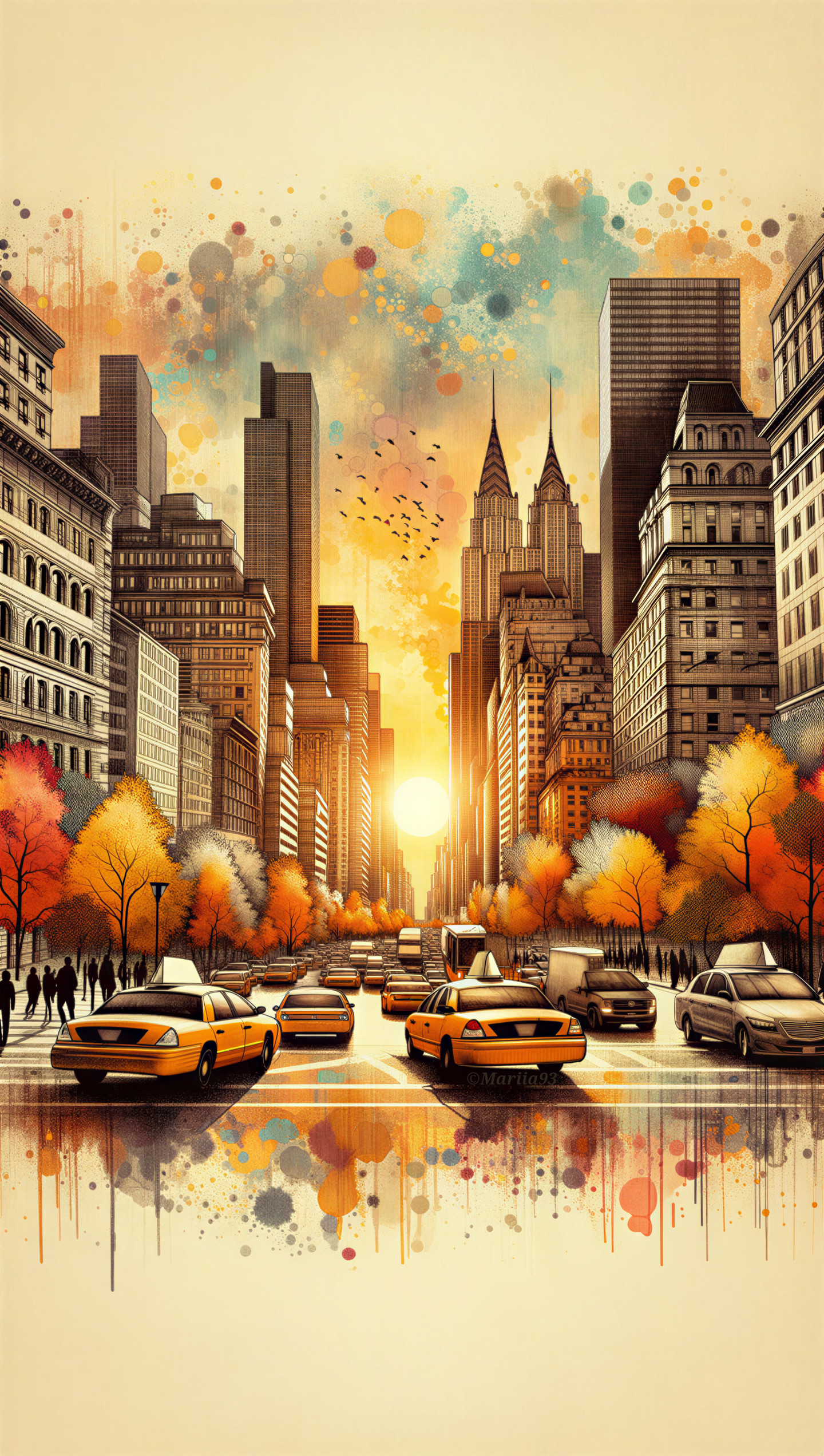 Urban Sunset Scene with Skyscrapers and Taxis