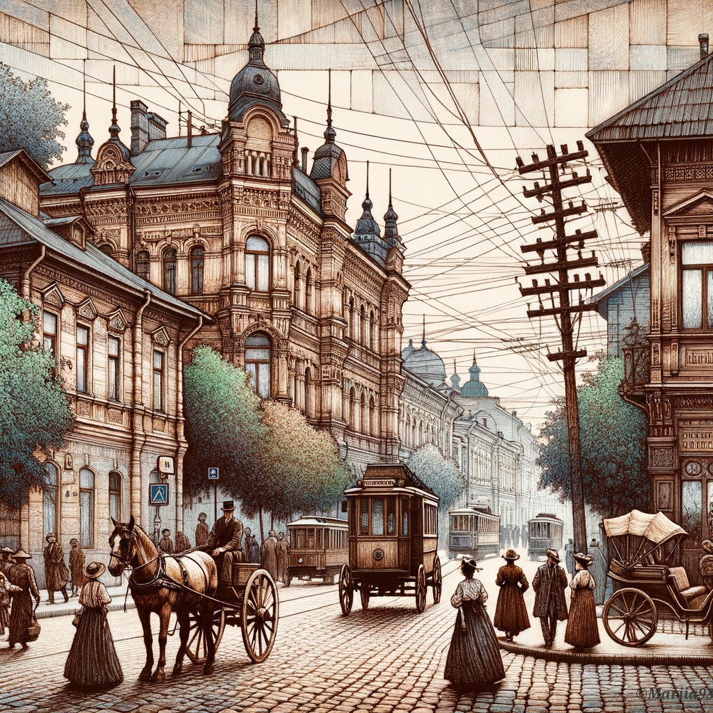 Vintage City Street Scene with Horse-Drawn Carriage