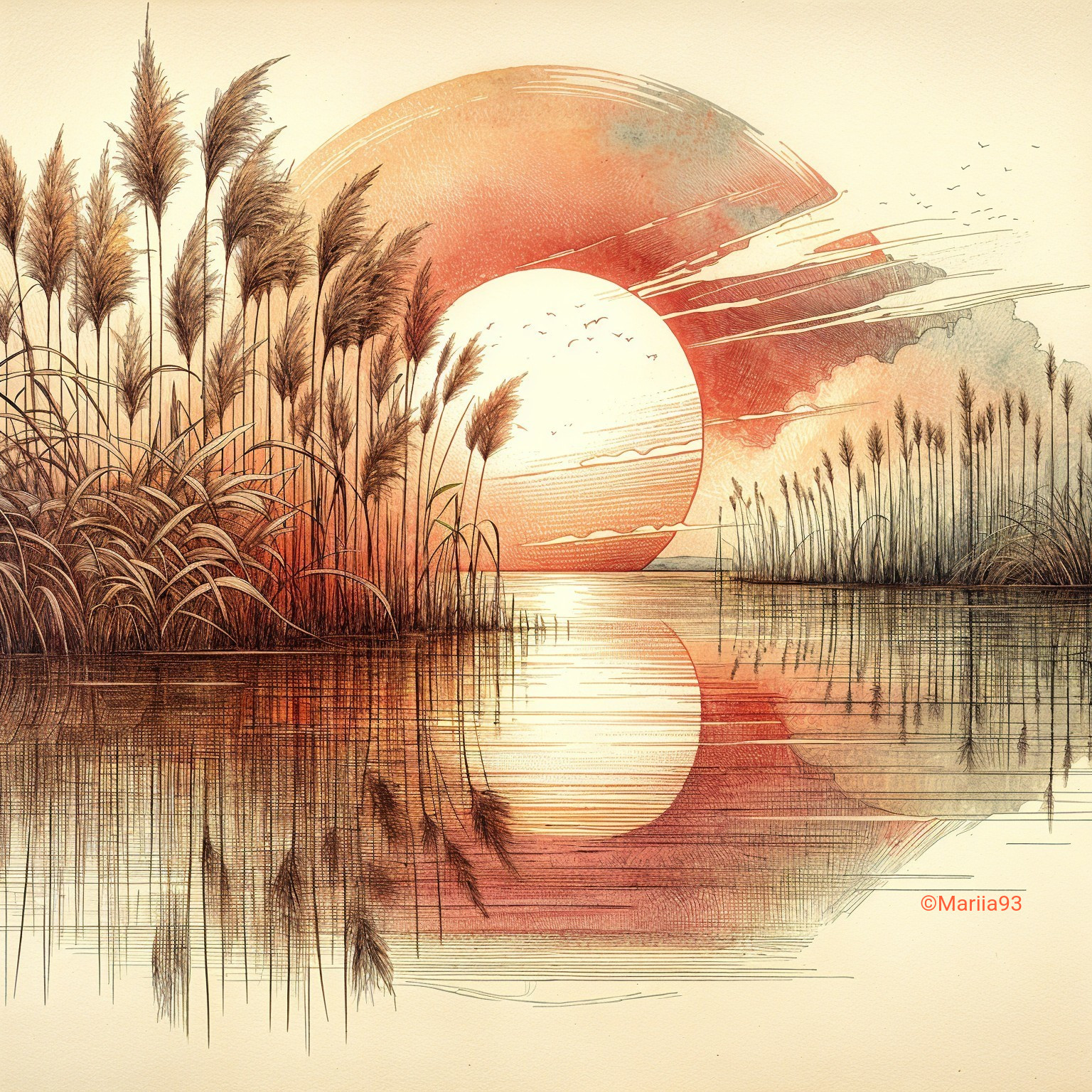 Tranquil Landscape with Water and Stylized Sun