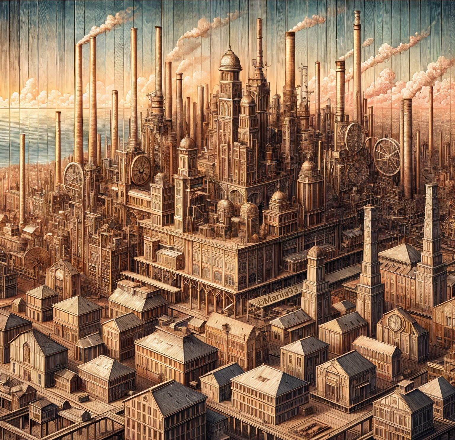Industrial Cityscape with Factories and Smokestacks