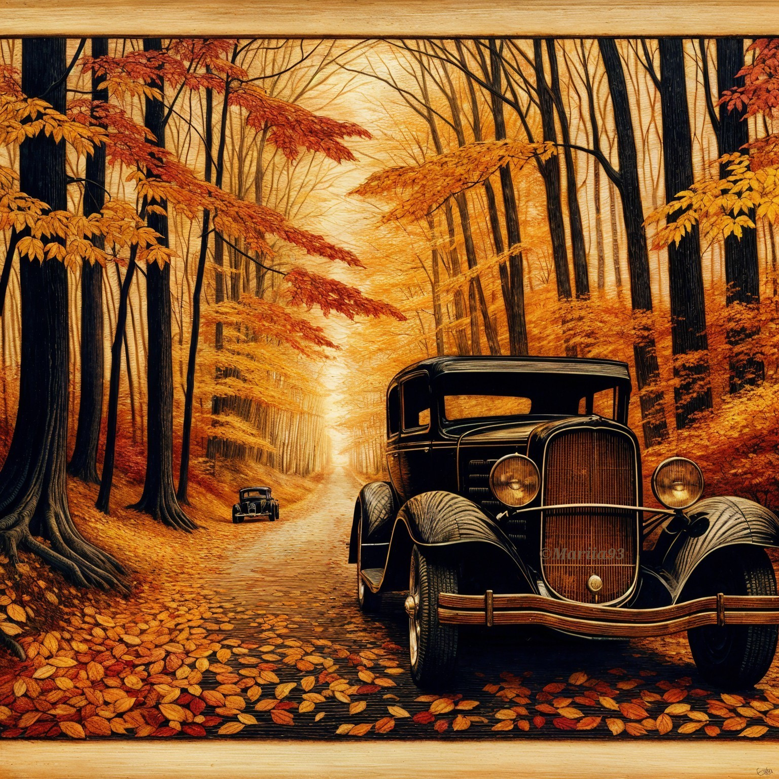 Vintage Black Car on Winding Forest Path in Autumn
