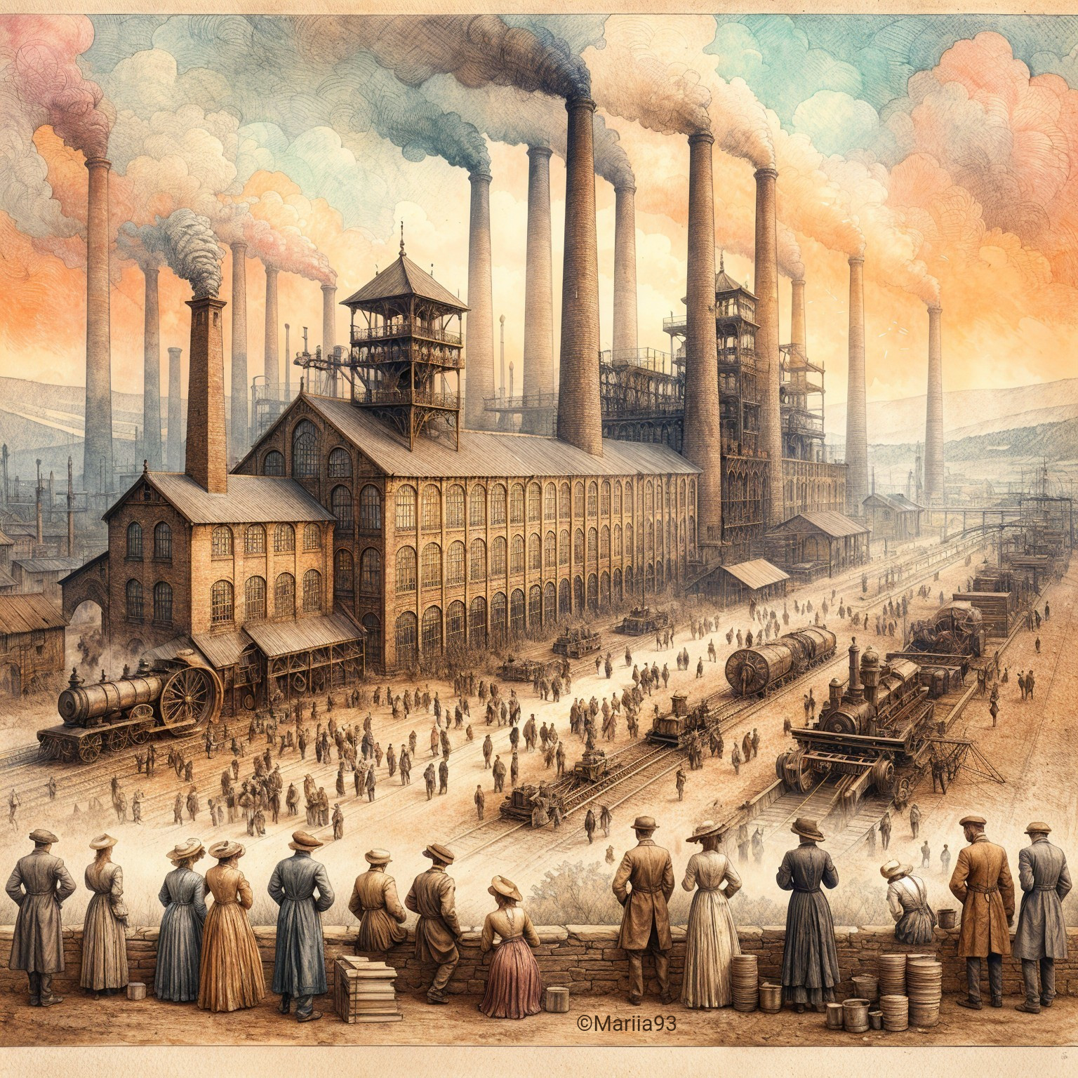 19th Century Industrial Complex with Workers and Smoke