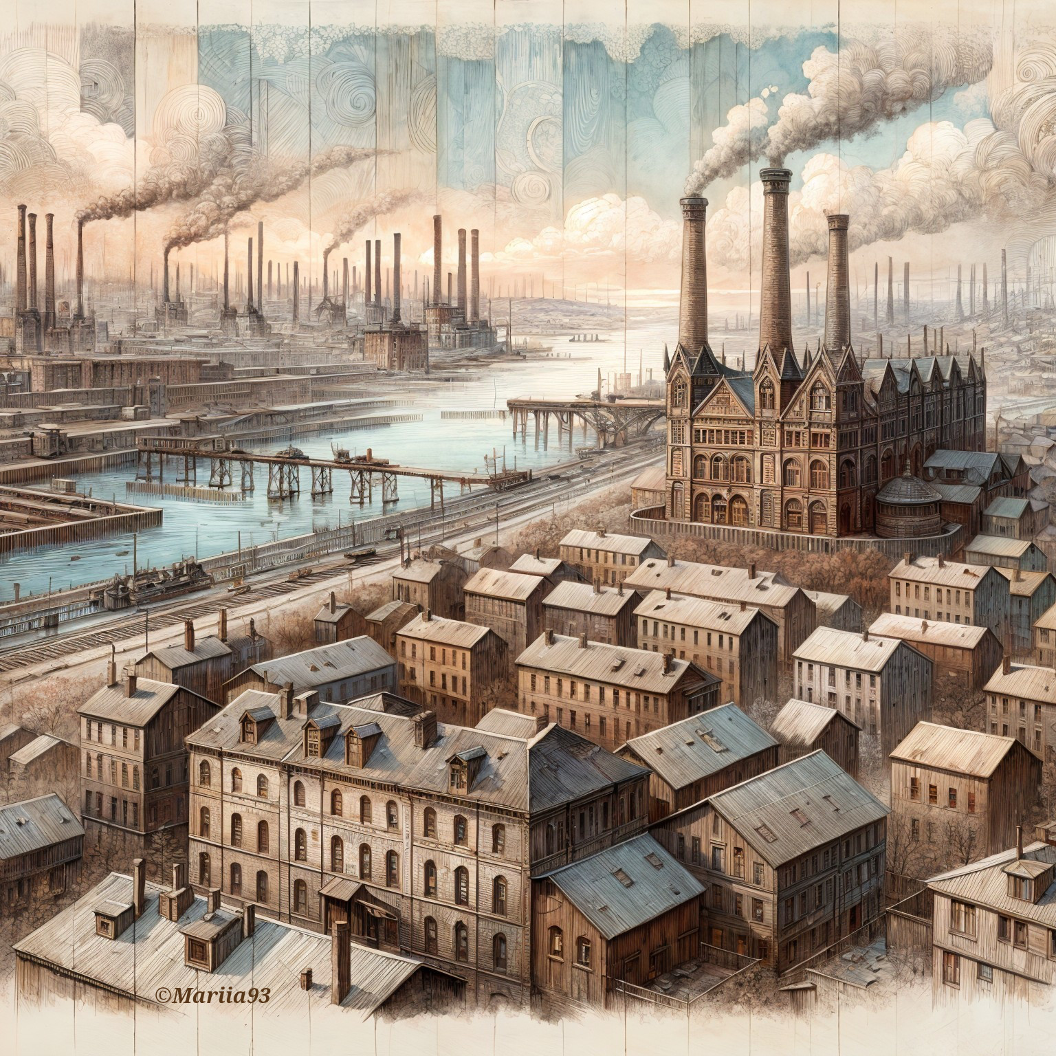 Industrial Landscape with Smokestacks and Factories