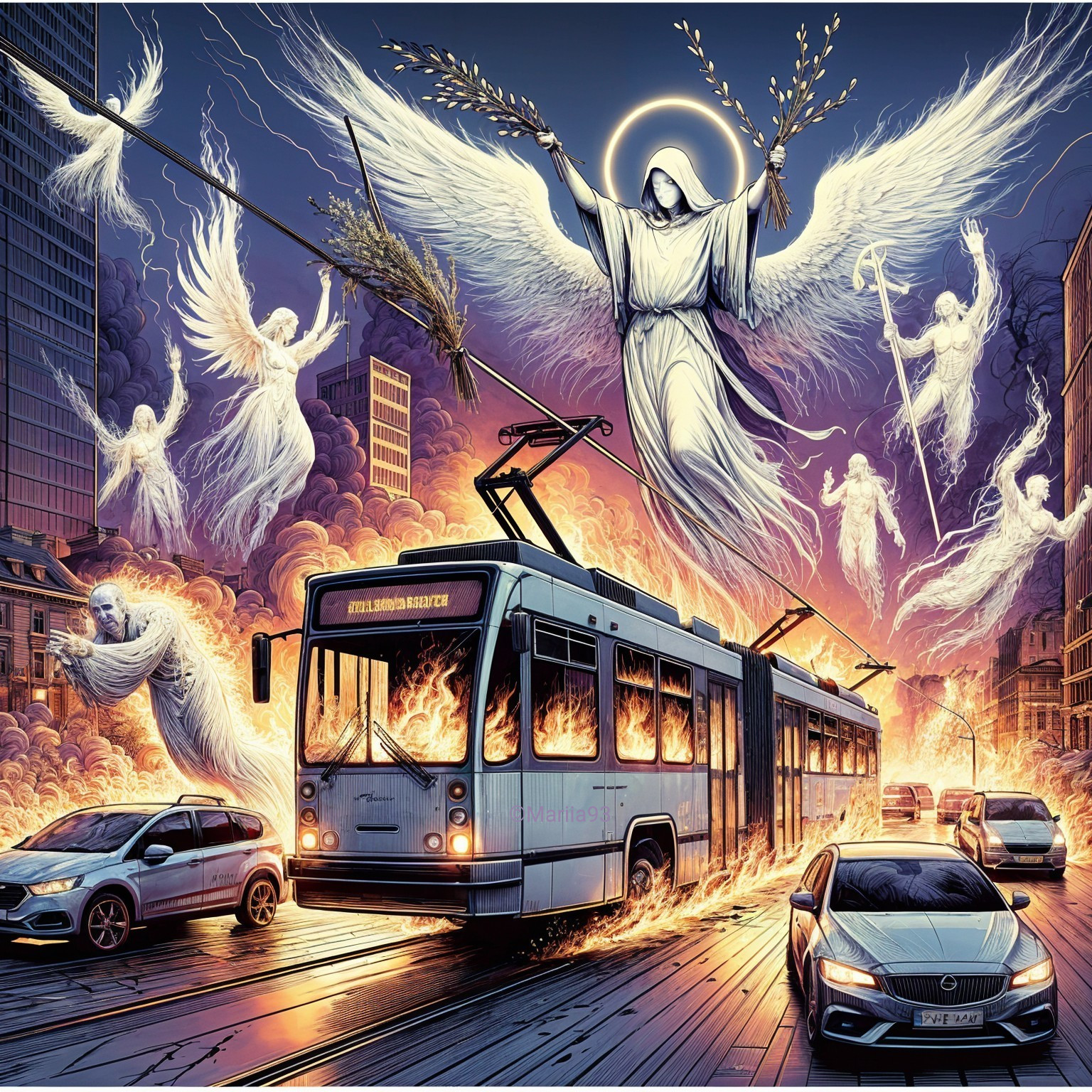 Surreal Urban Scene with Flaming Tram and Angels