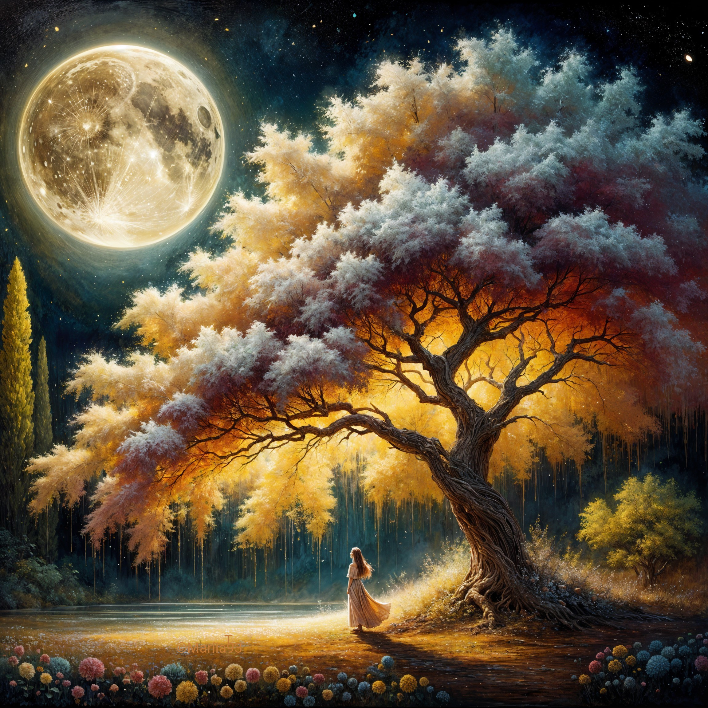 Serene night scene with glowing tree and moonlight