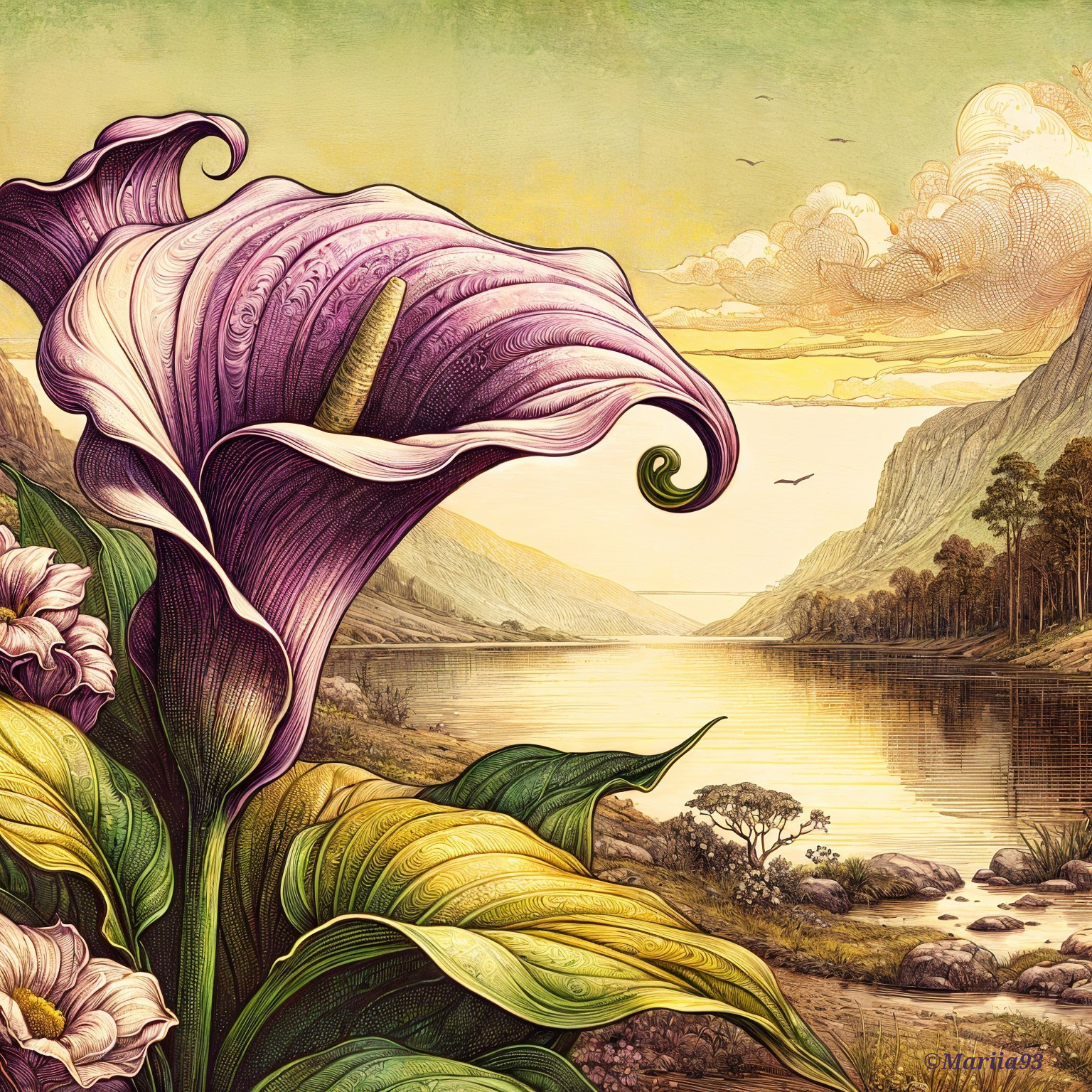 Vibrant Calla Lily Illustration in Serene Landscape