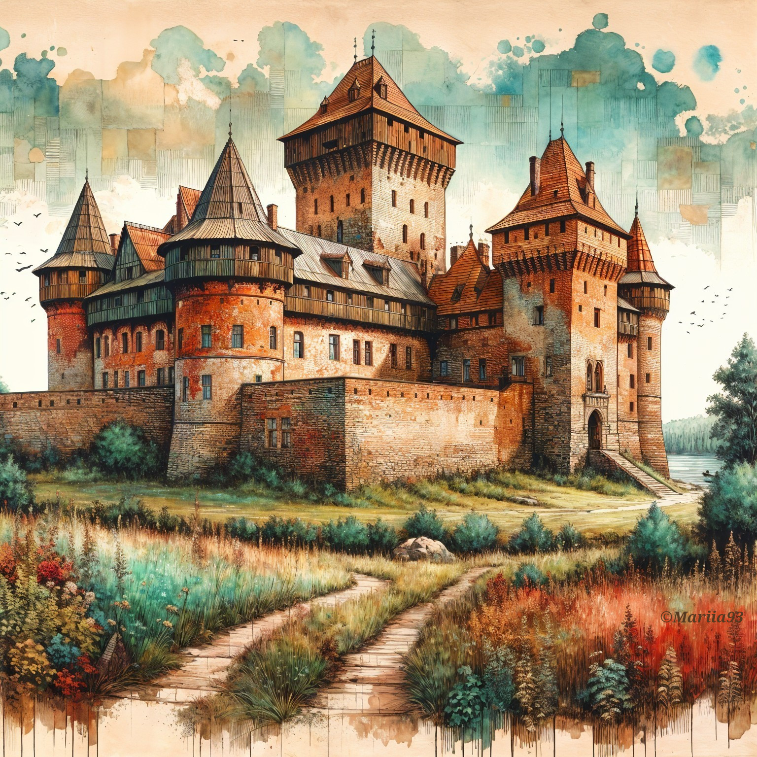 Medieval castle surrounded by greenery and wildflowers