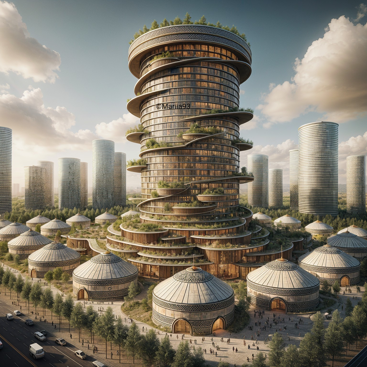 Futuristic Skyscraper with Spiraling Design and Nature