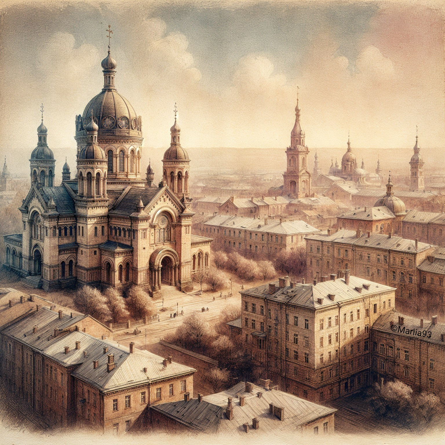 Aerial View of Historic Cityscape with Churches and Trees