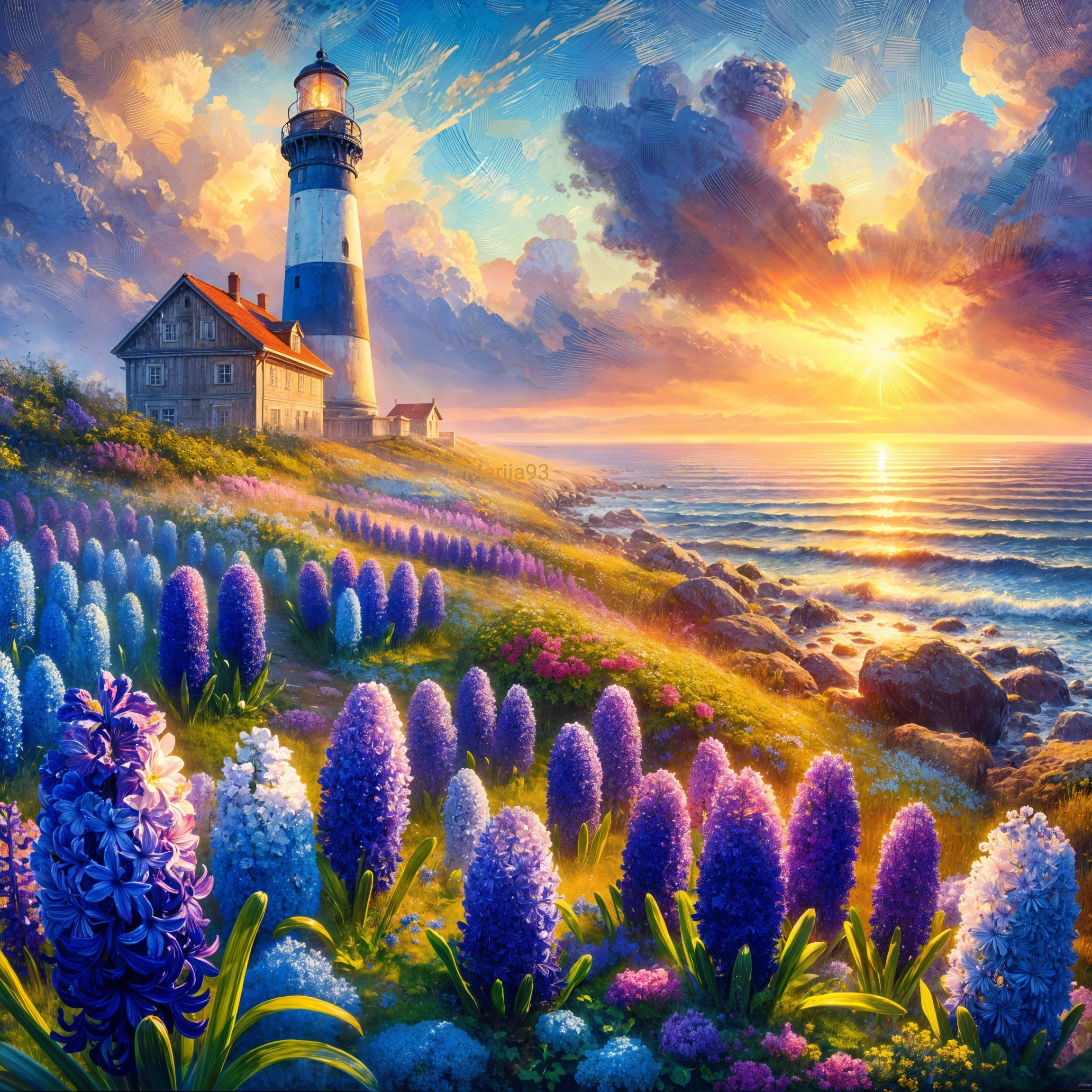 Coastal Scene with Lighthouse and Blooming Flowers