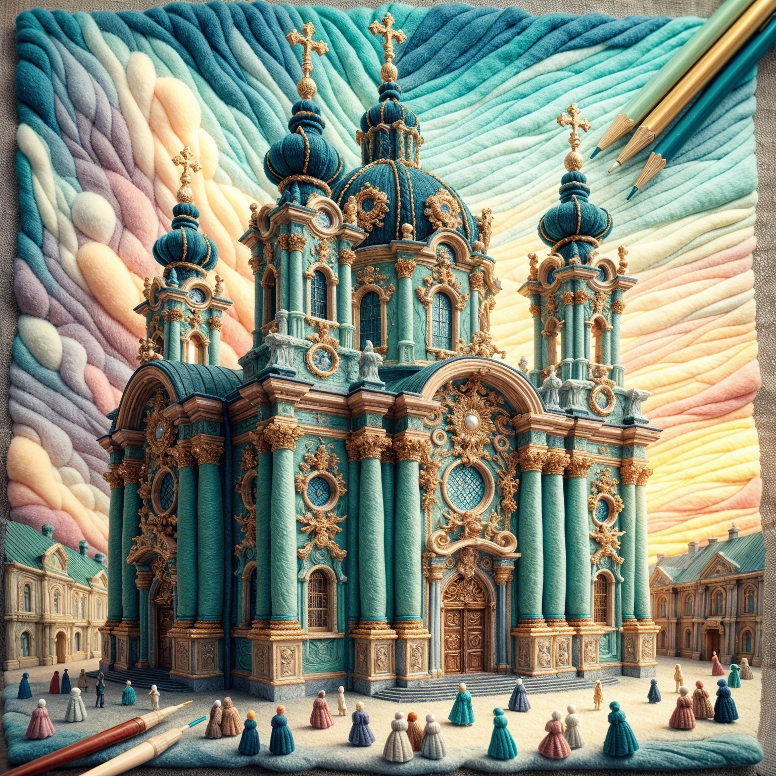 Ornate church with turquoise façade and gold accents