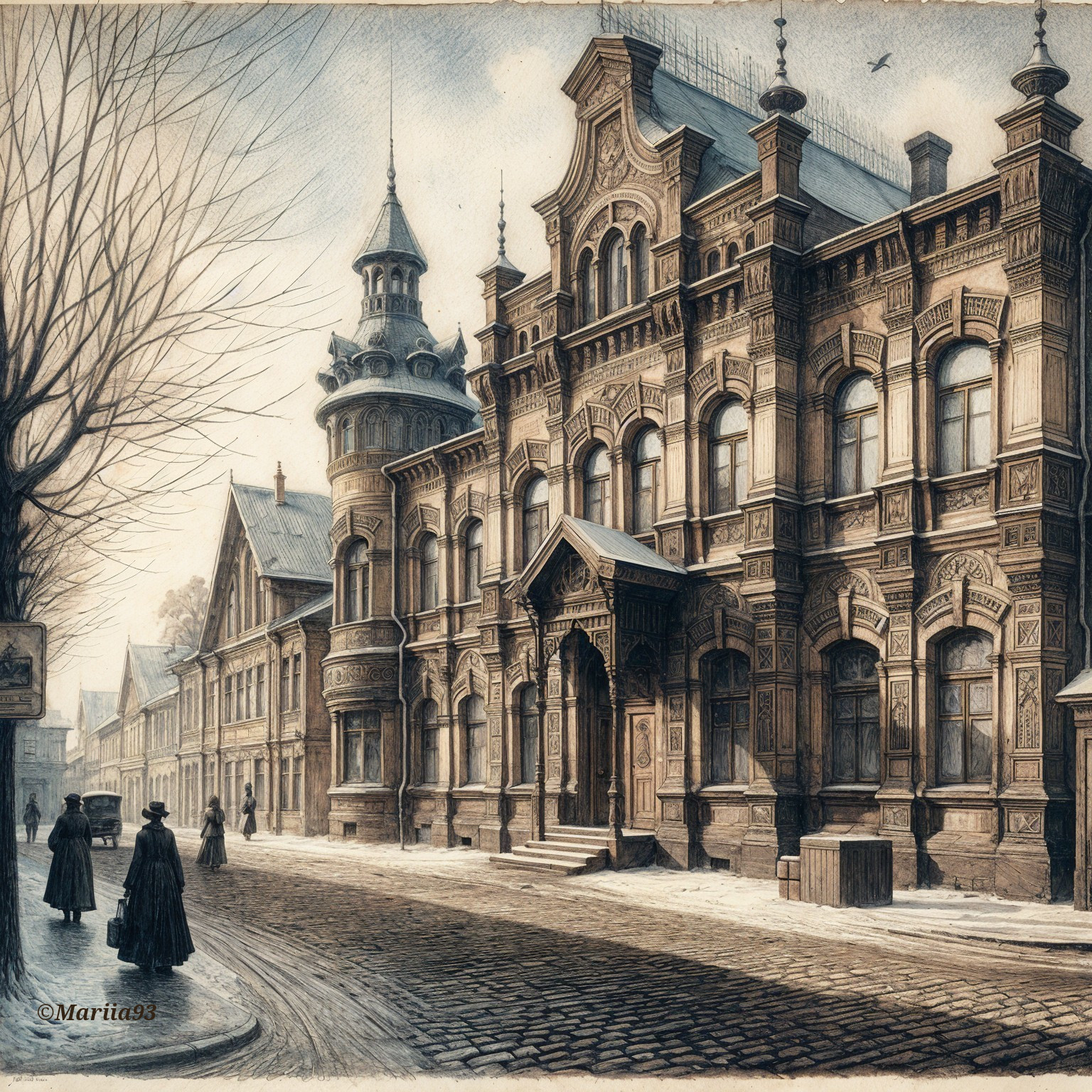 Historic street scene with ornate architecture and figures