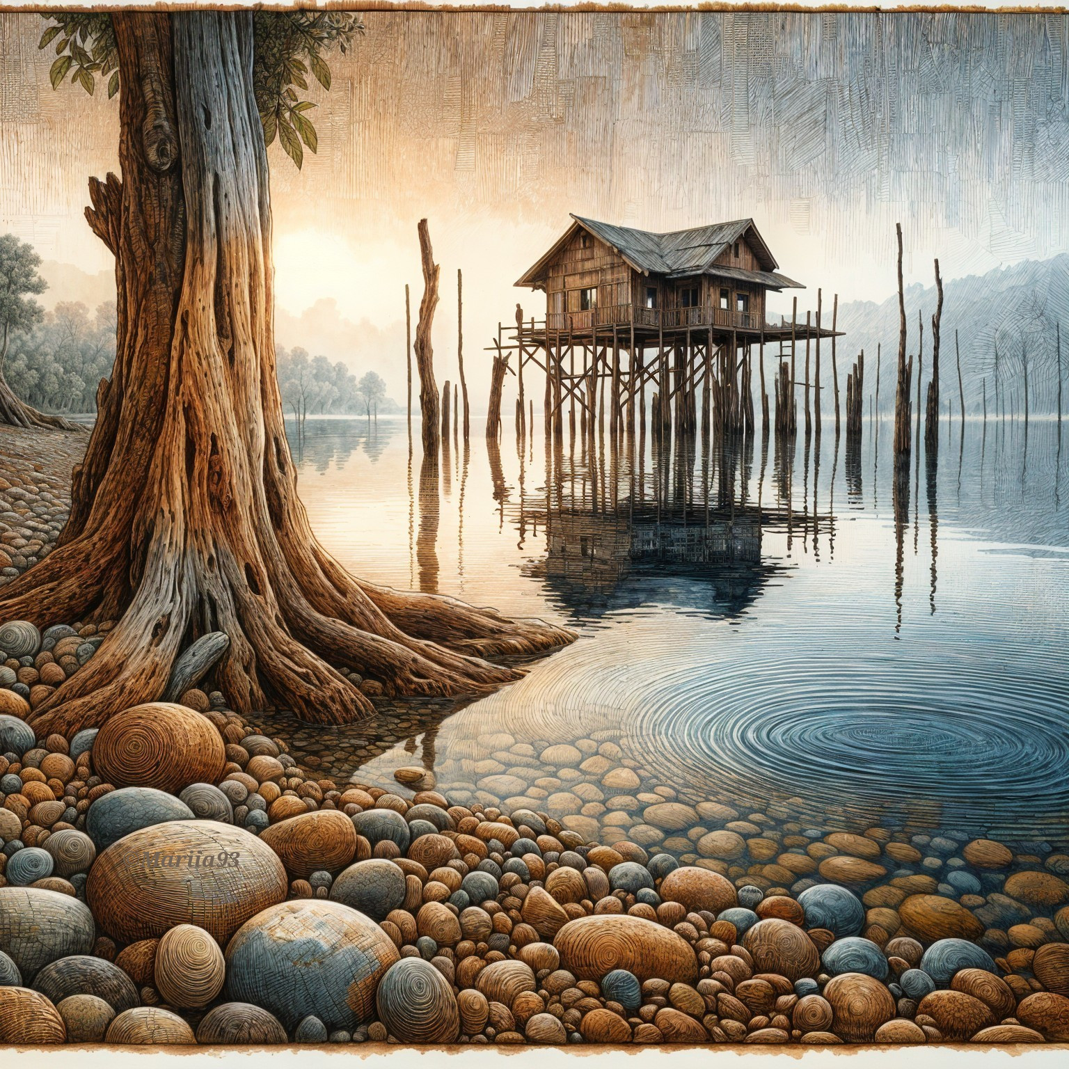 Rustic House on Stilts by Calm Waters at Dawn